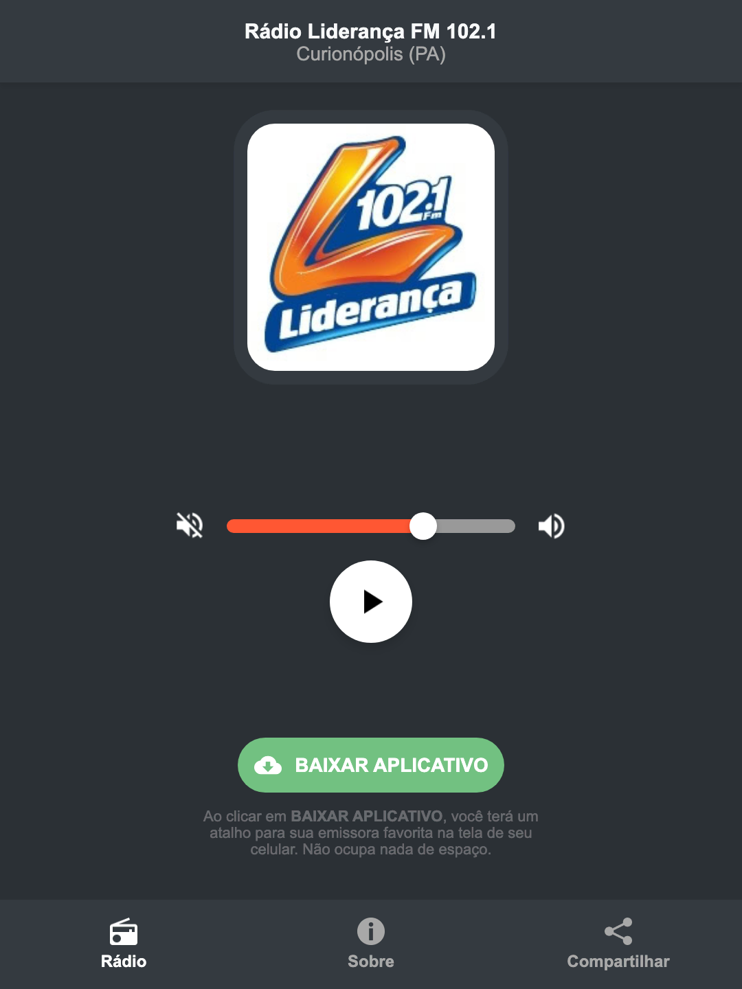 Screenshot do aplicativo da Rádio Liderança FM 102.1