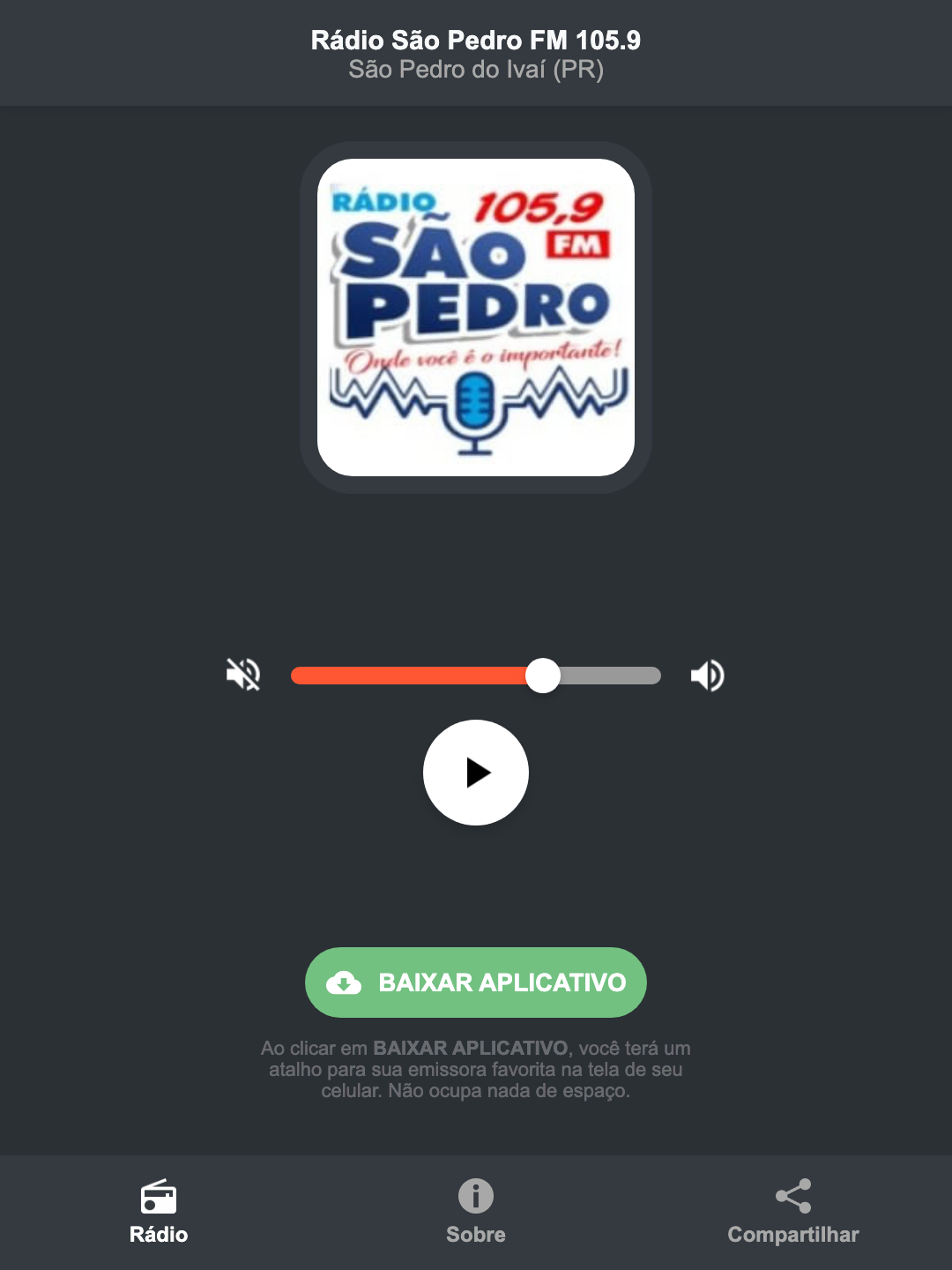 Screenshot do aplicativo da Rádio São Pedro FM 105.9