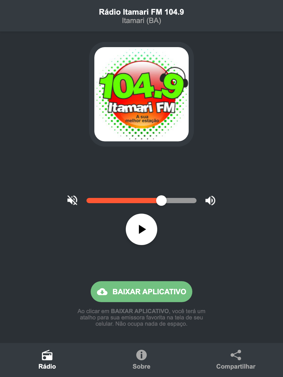 Screenshot do aplicativo da Rádio Itamari FM 104.9
