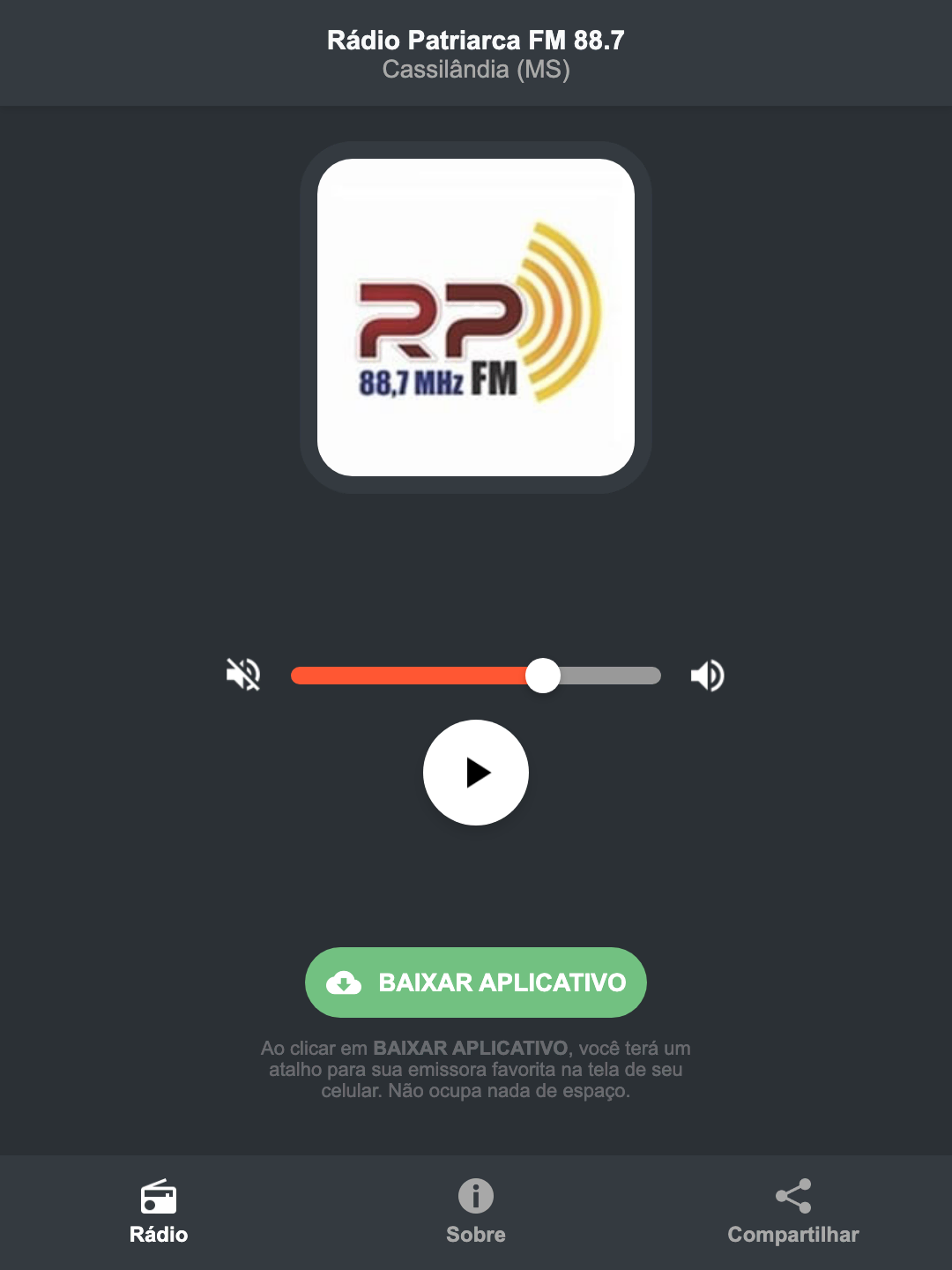 Screenshot do aplicativo da Rádio Patriarca FM 88.7