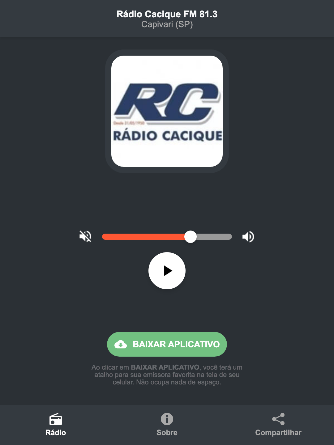 Screenshot do aplicativo da Rádio Cacique FM 81.3