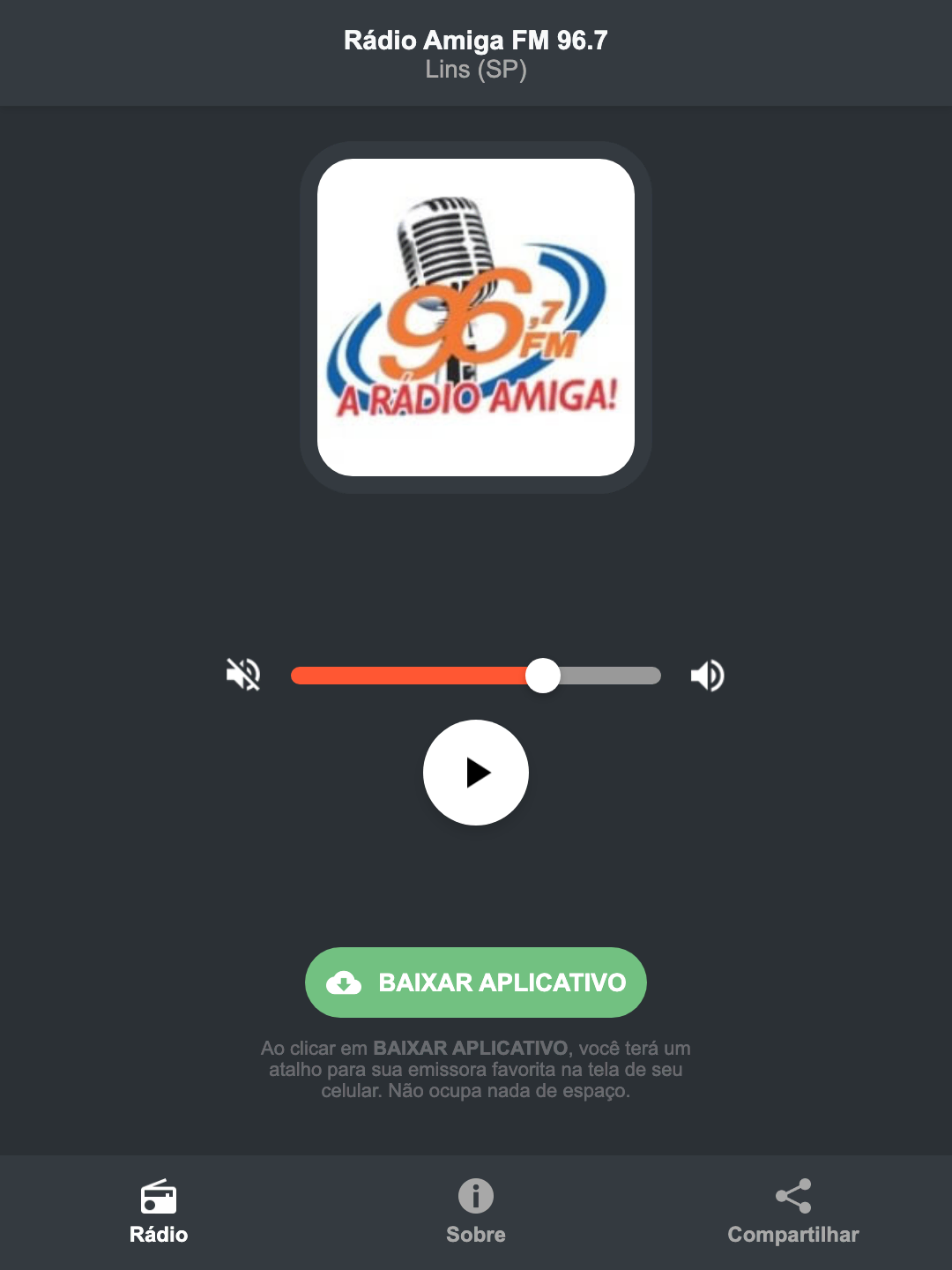 Screenshot do aplicativo da Rádio Amiga FM 96.7