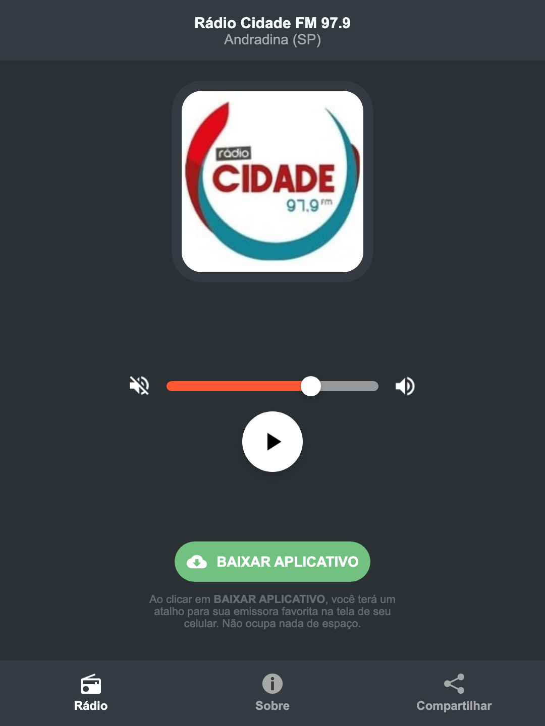 Screenshot do aplicativo da Rádio Cidade FM 97.9
