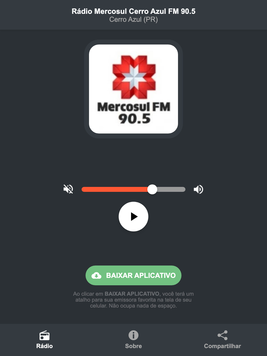 Screenshot do aplicativo da Rádio Mercosul Cerro Azul FM 90.5