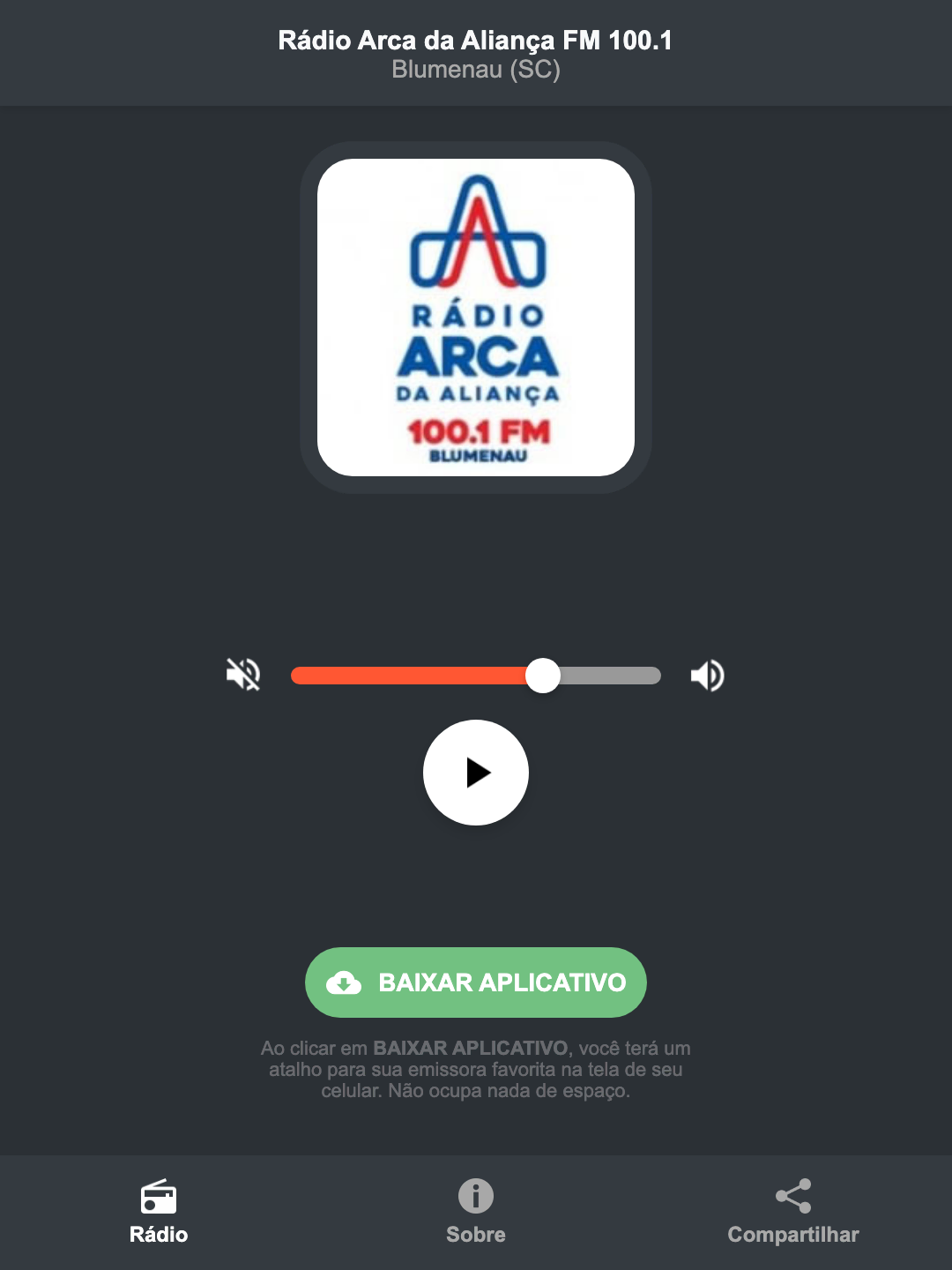 Screenshot do aplicativo da Rádio Arca da Aliança FM 100.1