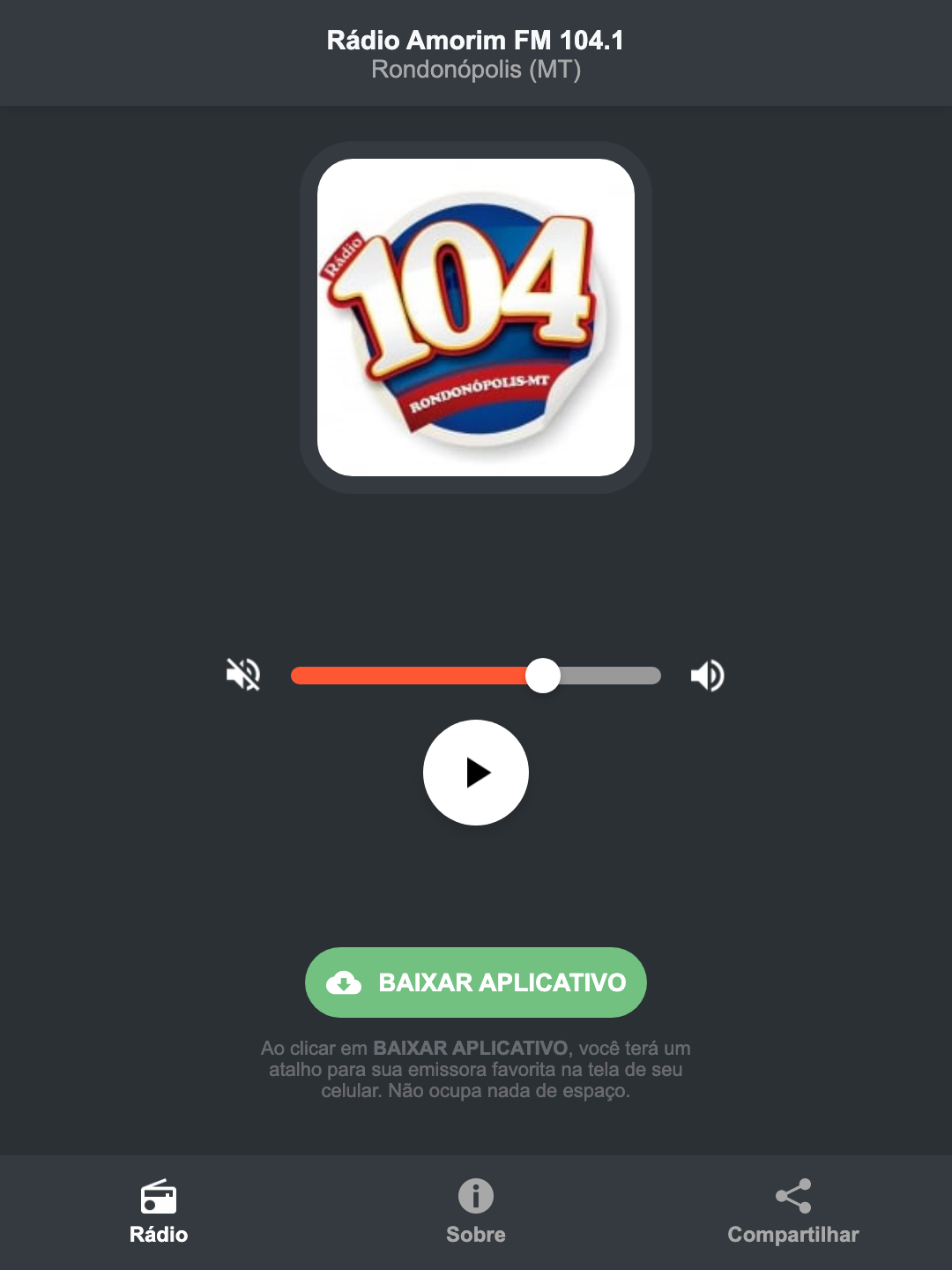 Screenshot do aplicativo da Rádio Amorim FM 104.1