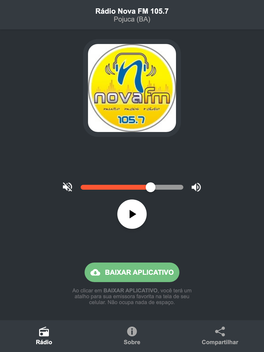 Screenshot do aplicativo da Rádio Nova FM 105.7