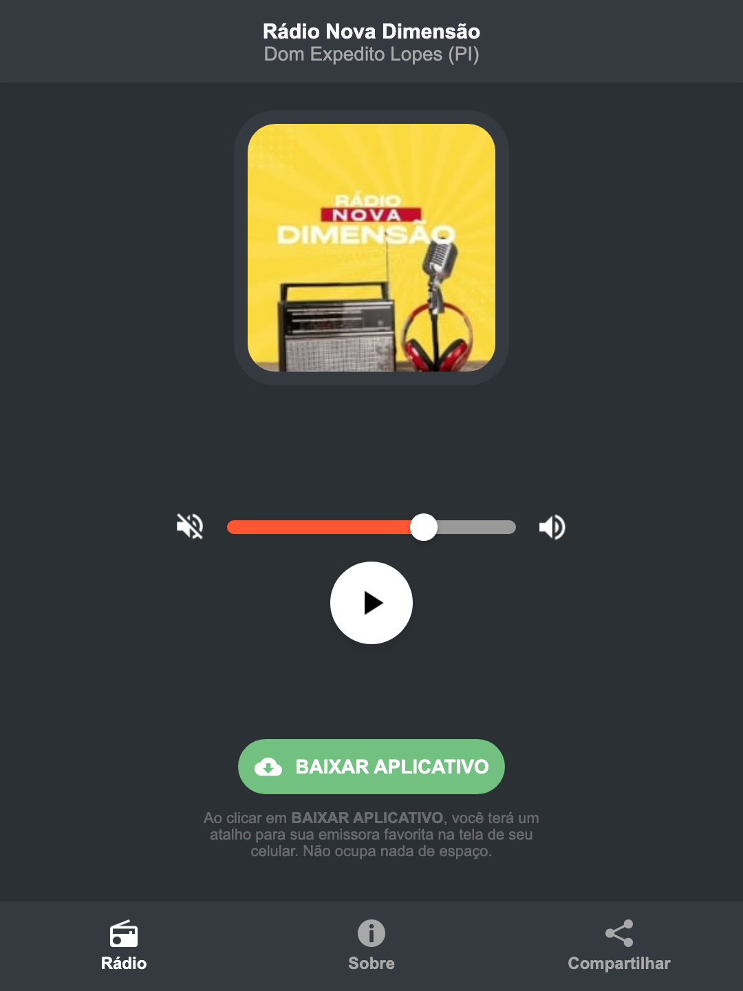 Screenshot do aplicativo da Rádio Nova Dimensão