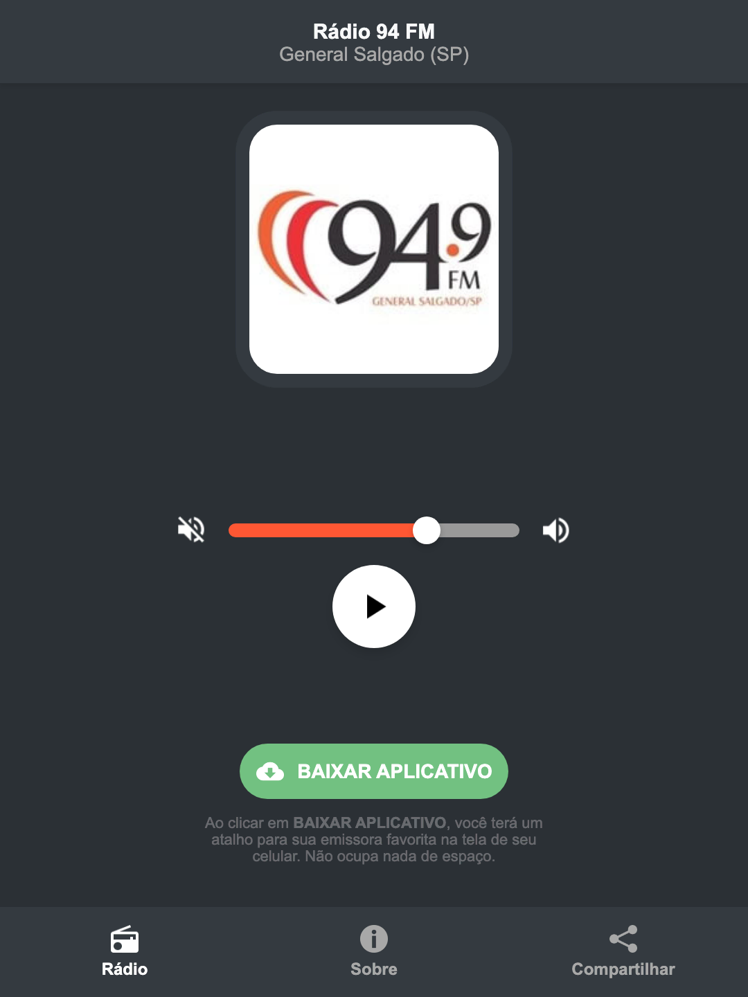 Screenshot do aplicativo da Rádio 94 FM