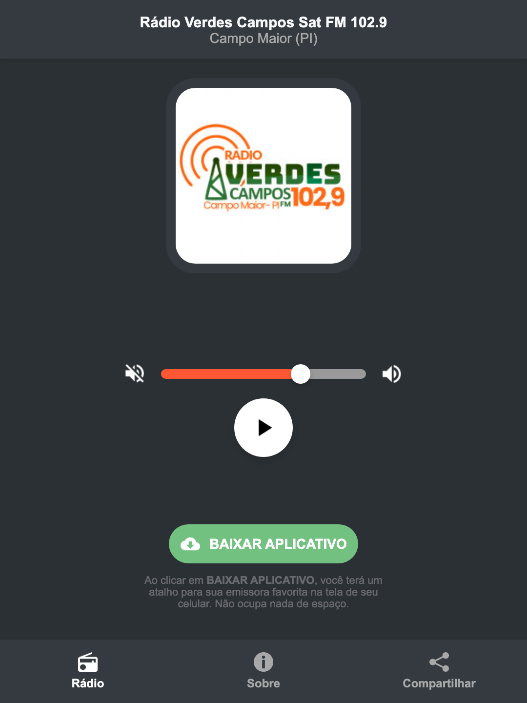 Screenshot do aplicativo da Rádio Verdes Campos Sat FM 102.9