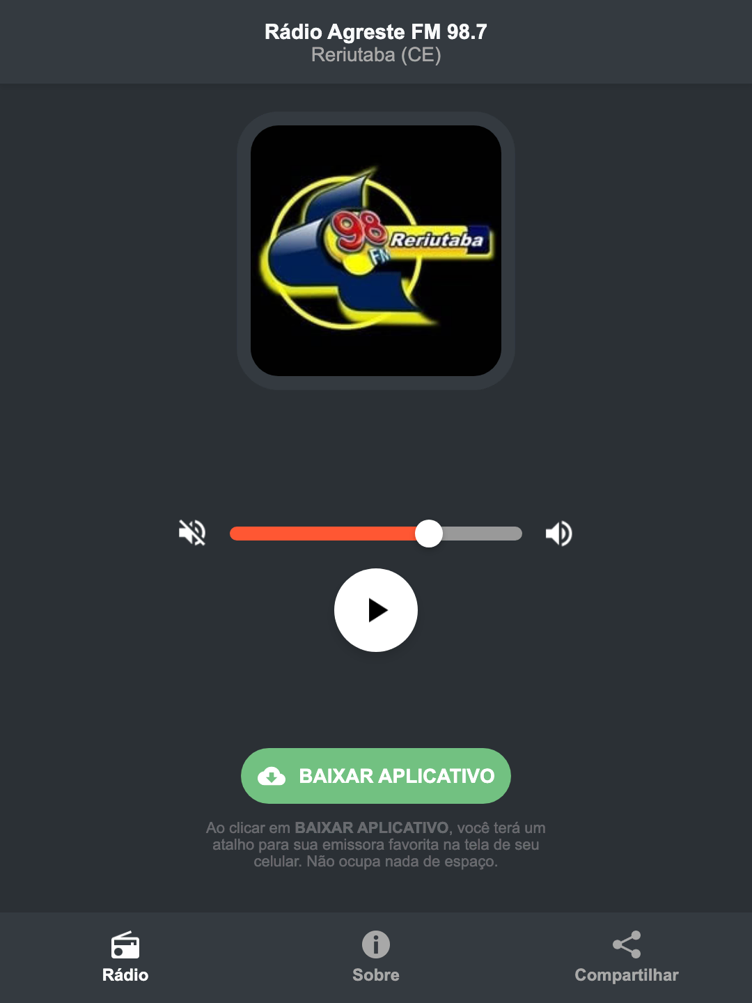 Screenshot do aplicativo da Rádio Agreste FM 98.7