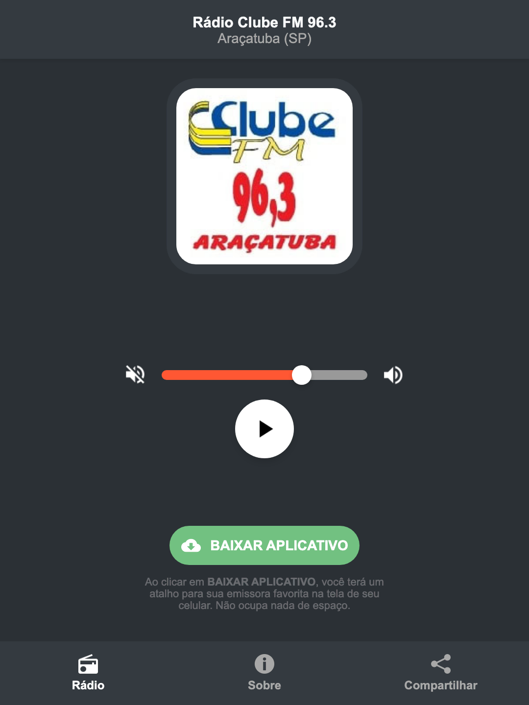 Screenshot do aplicativo da Rádio Clube FM 96.3