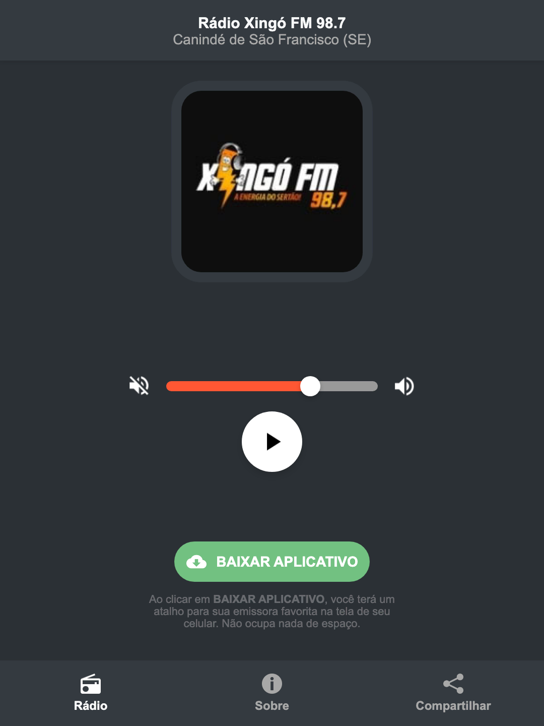 Screenshot do aplicativo da Rádio Xingó FM 98.7