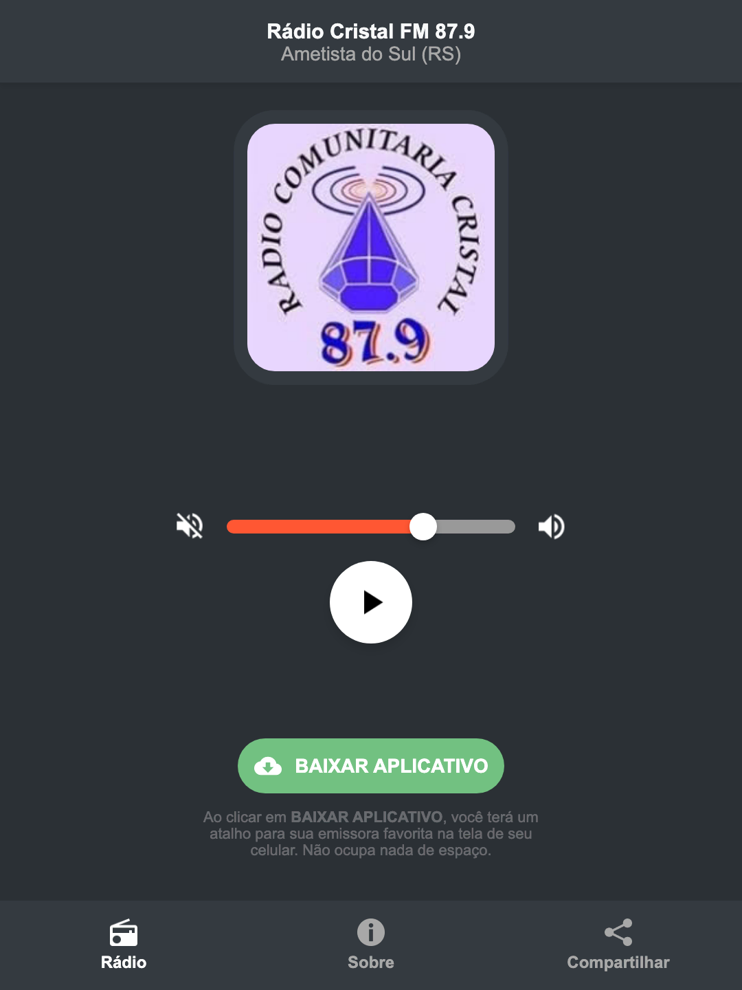 Screenshot do aplicativo da Rádio Cristal FM 87.9