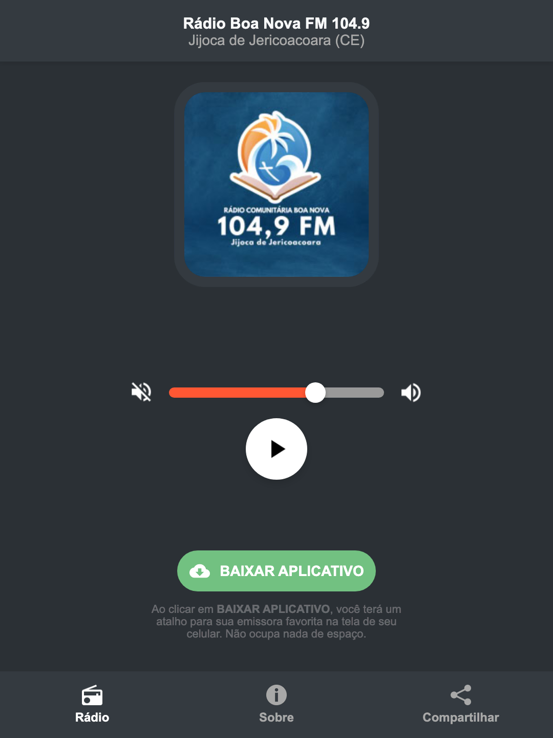 Screenshot do aplicativo da Rádio Boa Nova FM 104.9