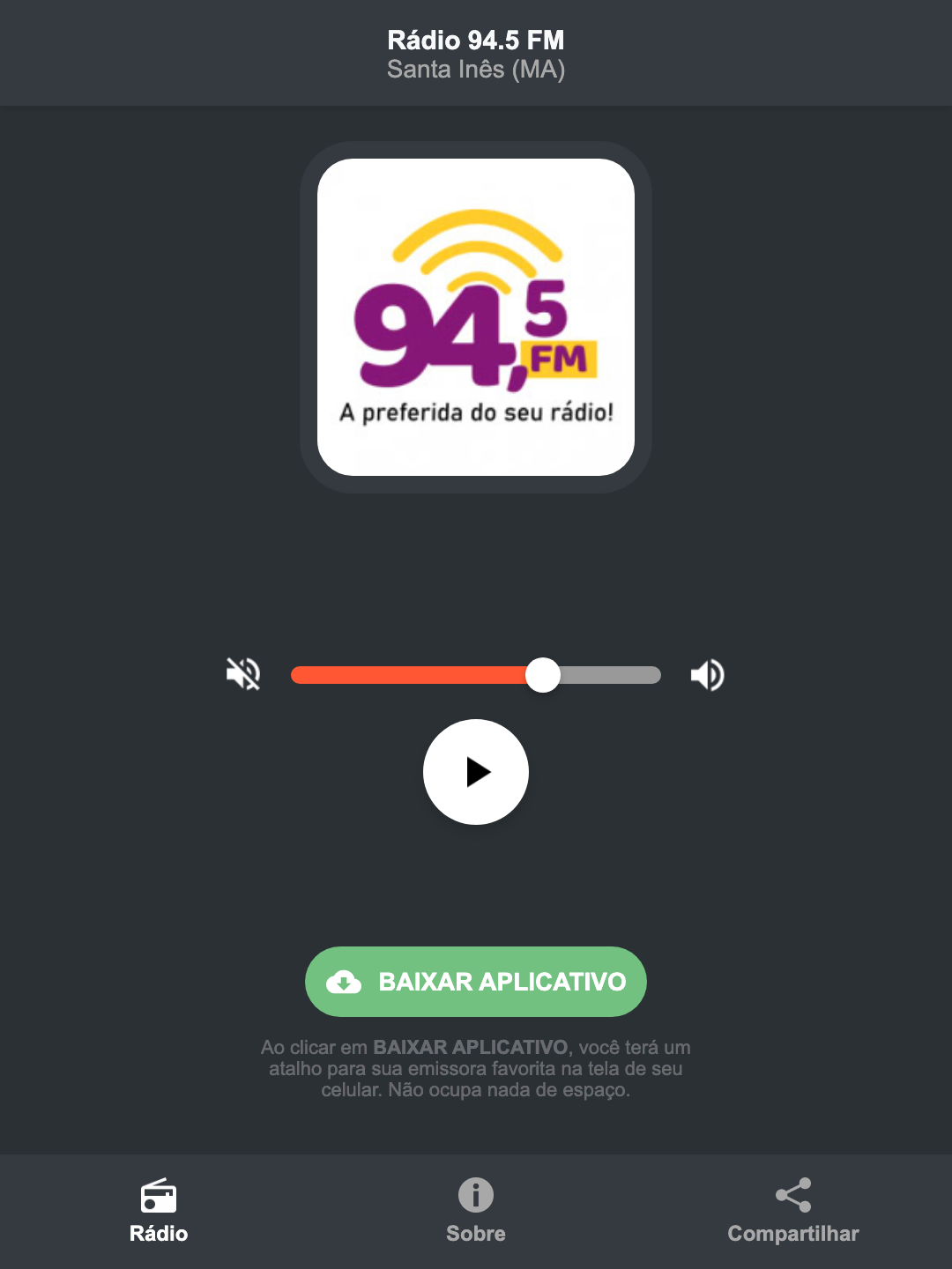 Screenshot do aplicativo da Rádio 94.5 FM