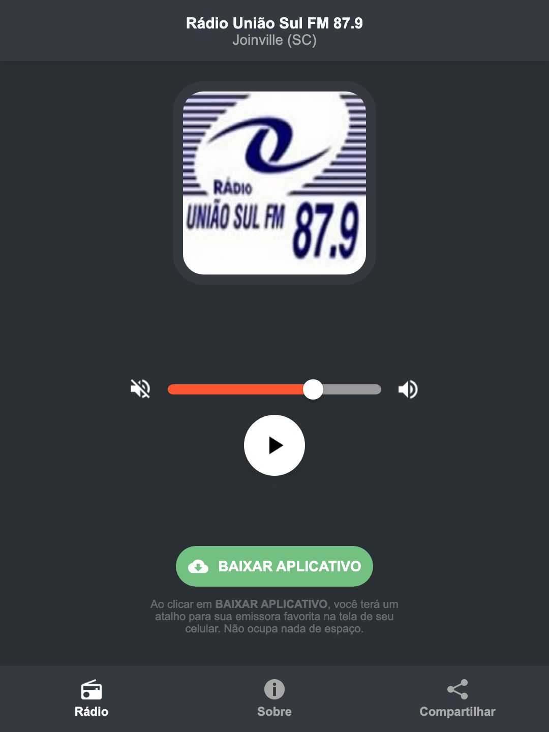 Screenshot do aplicativo da Rádio União Sul FM 87.9