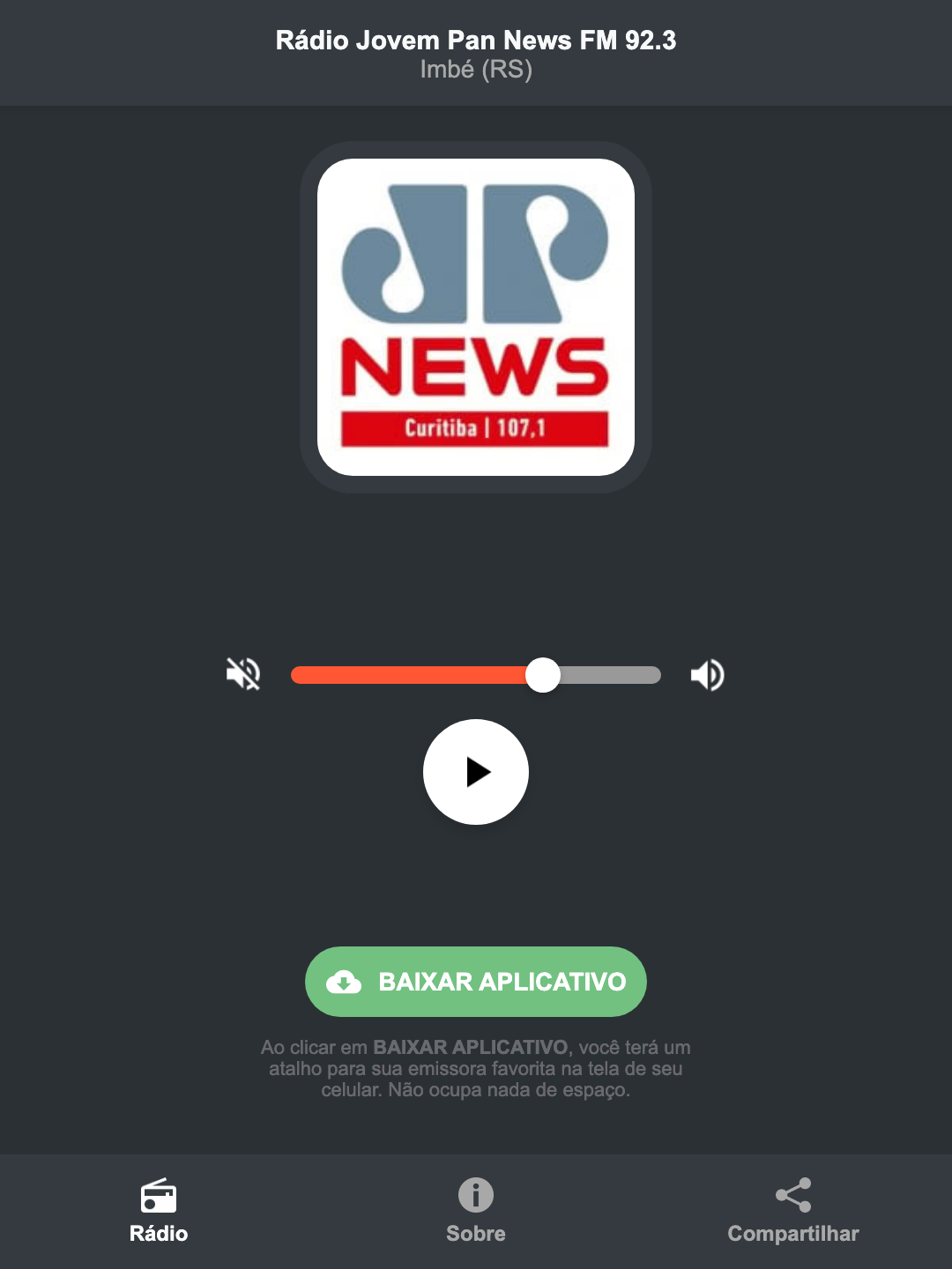 Screenshot do aplicativo da Rádio Jovem Pan News FM 92.3
