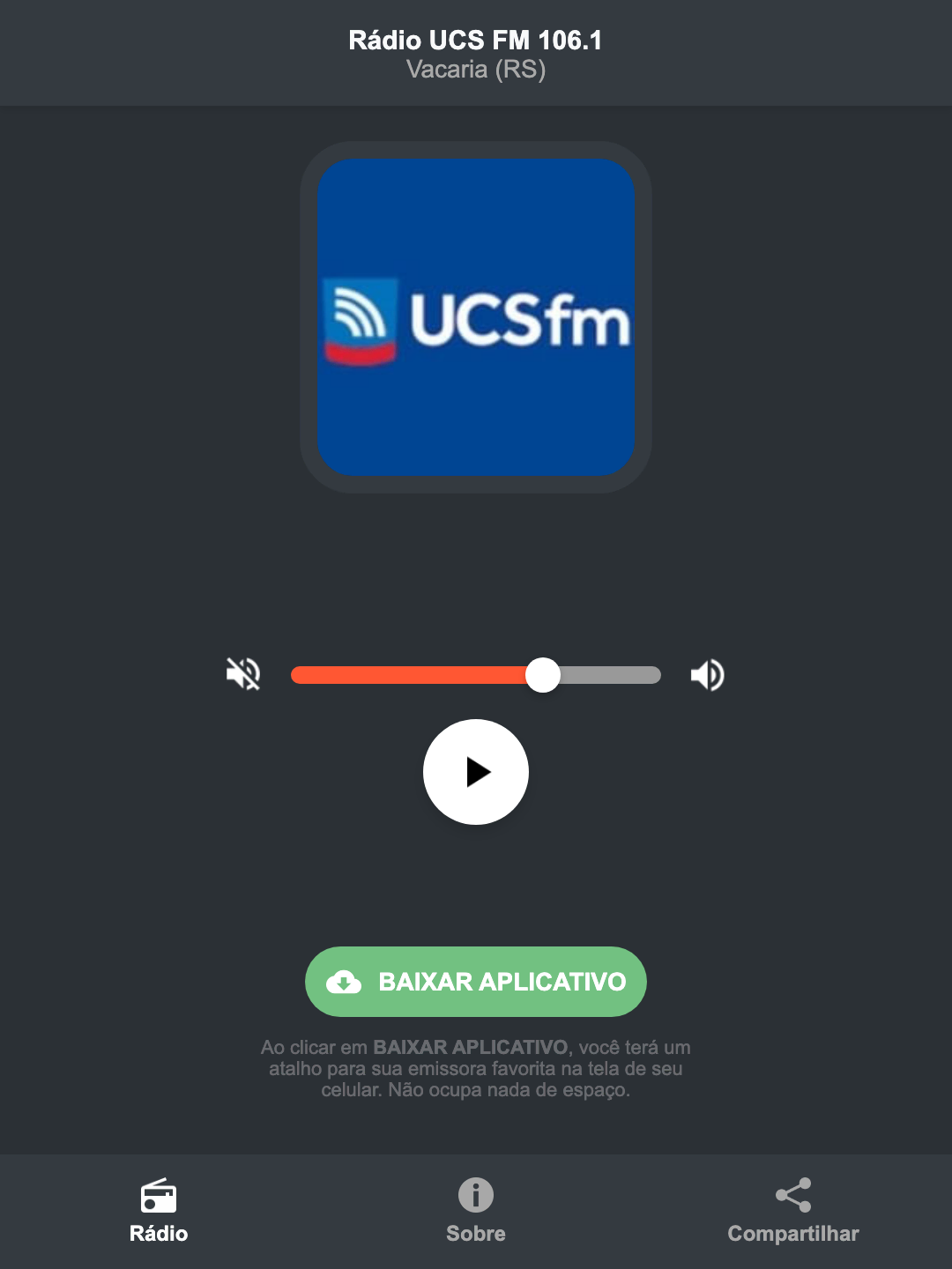 Screenshot do aplicativo da Rádio UCS FM 106.1