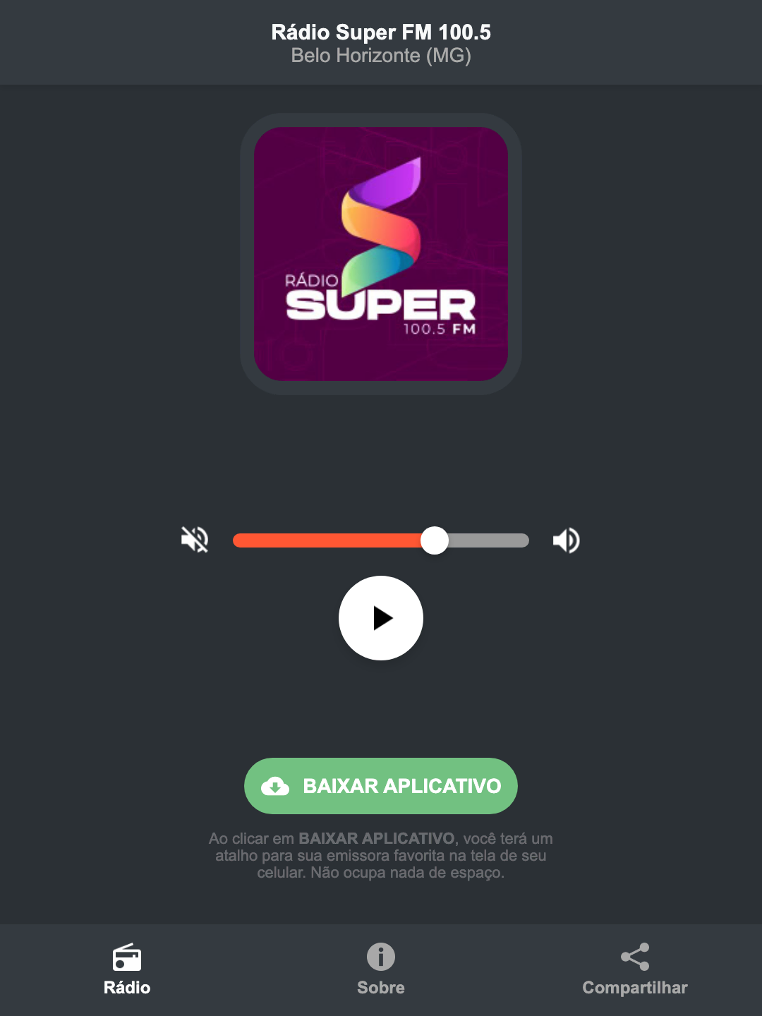 Screenshot do aplicativo da Rádio Super FM 100.5