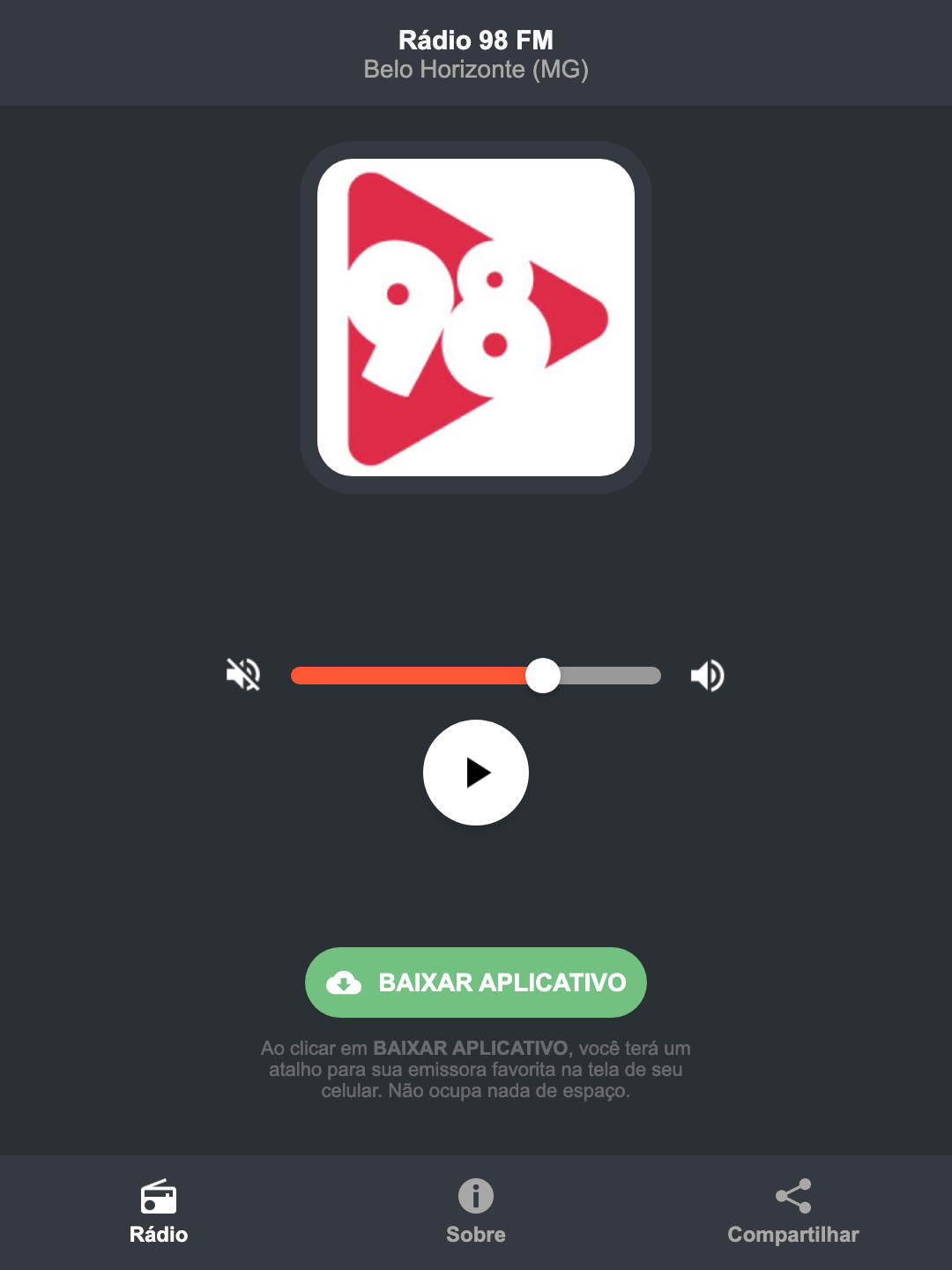 Screenshot do aplicativo da Rádio 98 FM