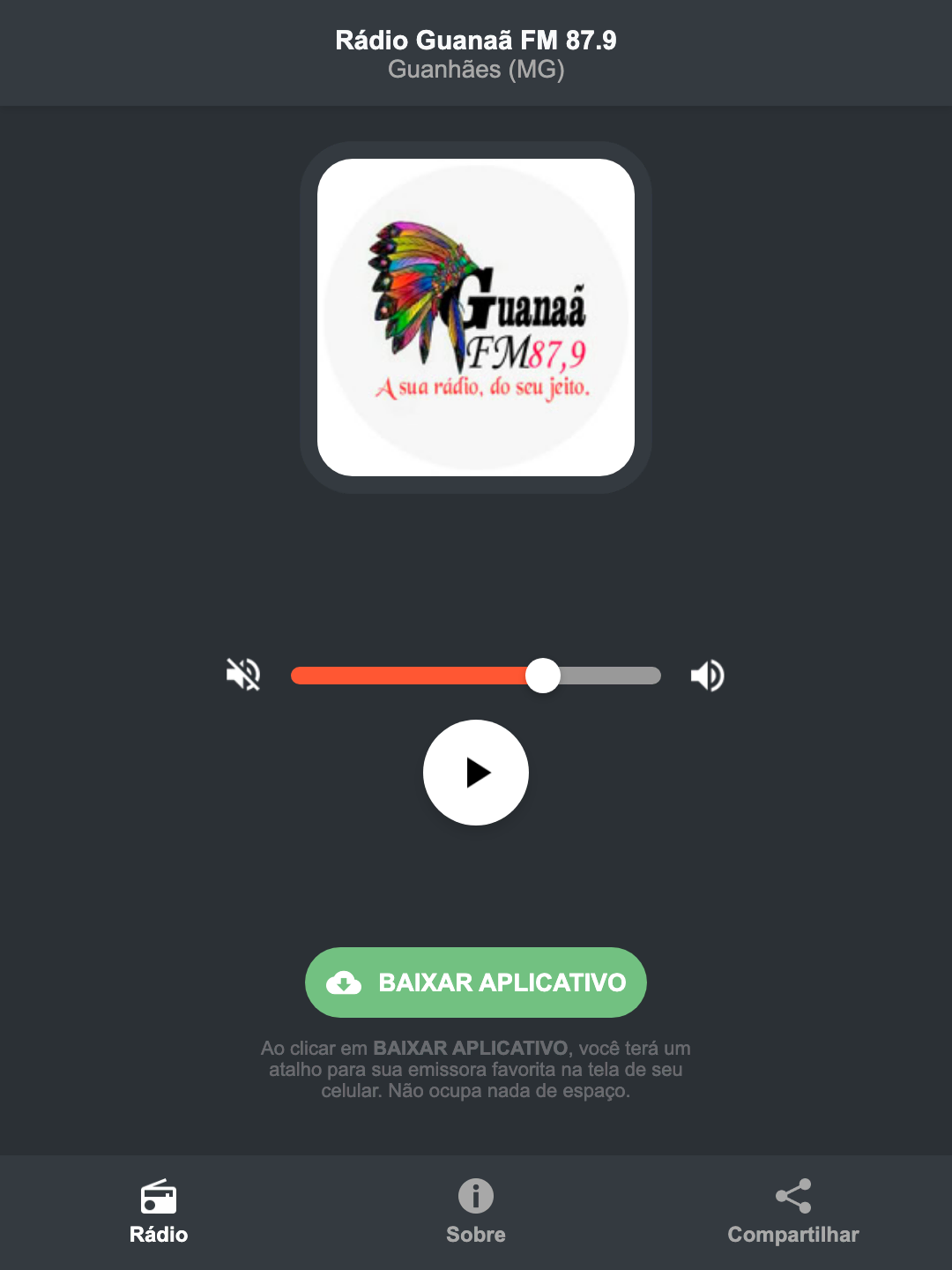 Screenshot do aplicativo da Rádio Guanaã FM 87.9