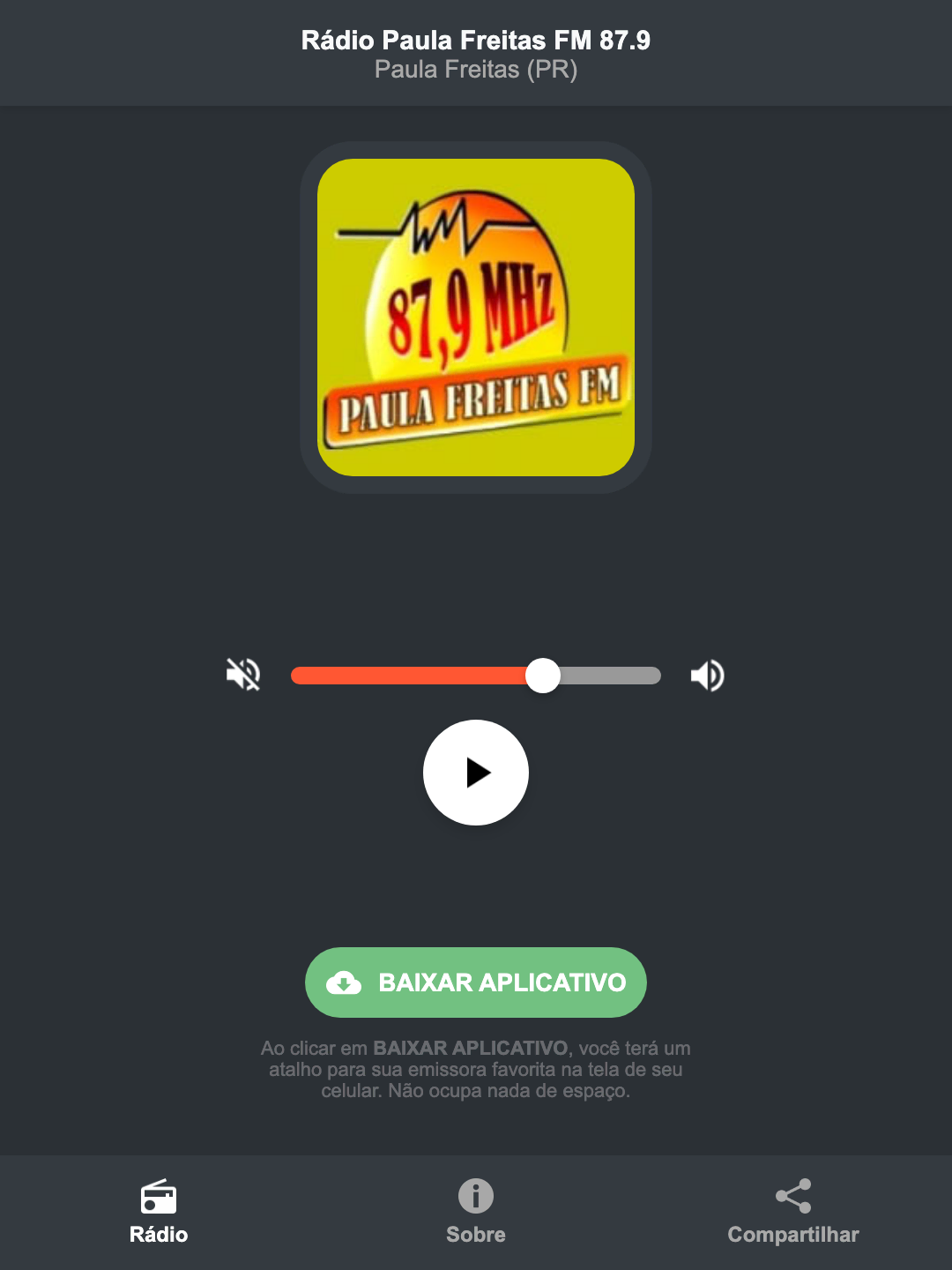 Screenshot do aplicativo da Rádio Paula Freitas FM 87.9