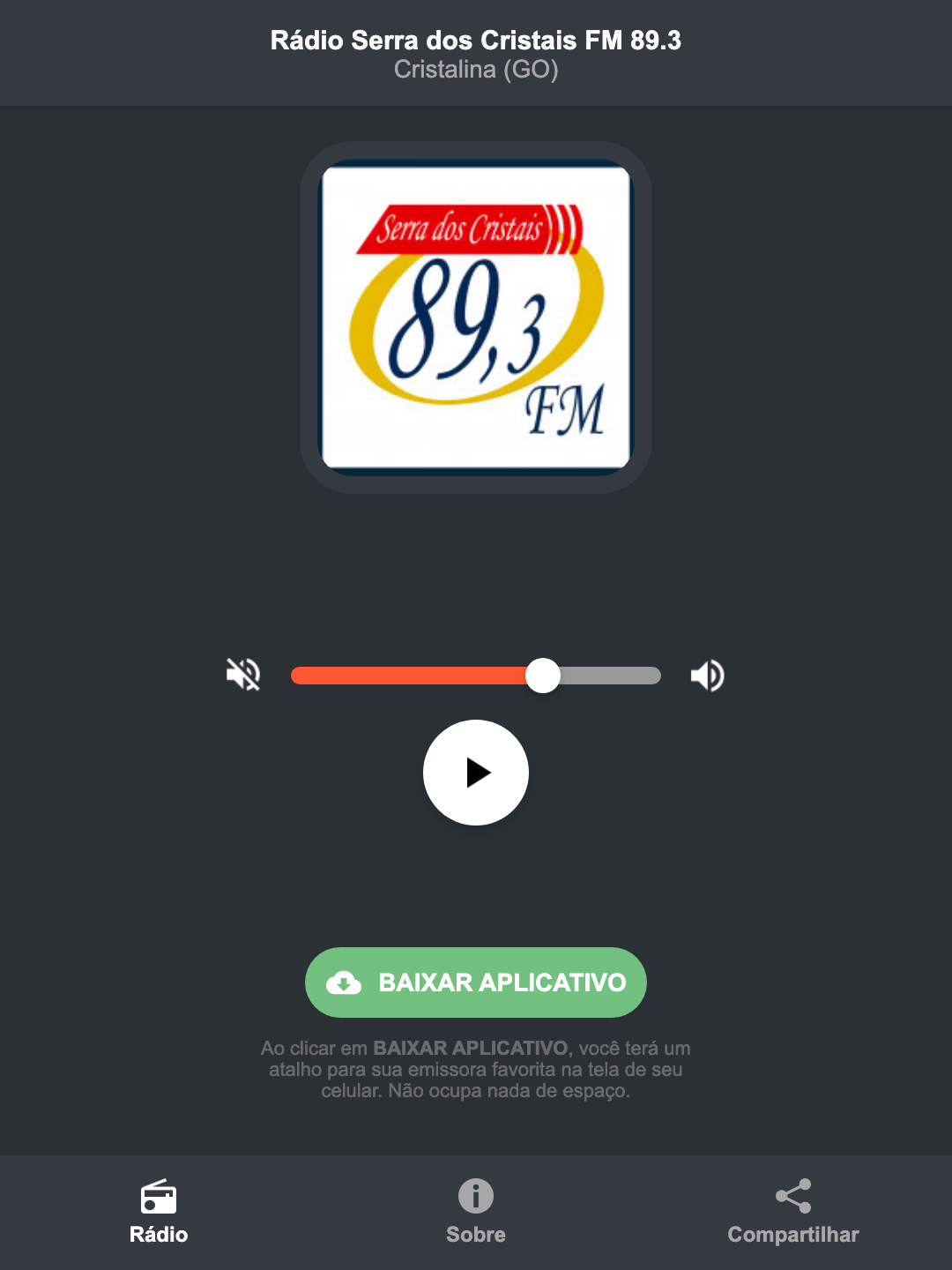Screenshot do aplicativo da Rádio Serra dos Cristais FM 89.3
