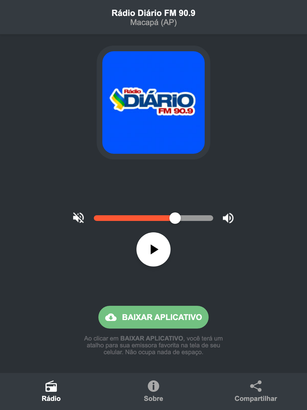Screenshot do aplicativo da Rádio Diário FM 90.9