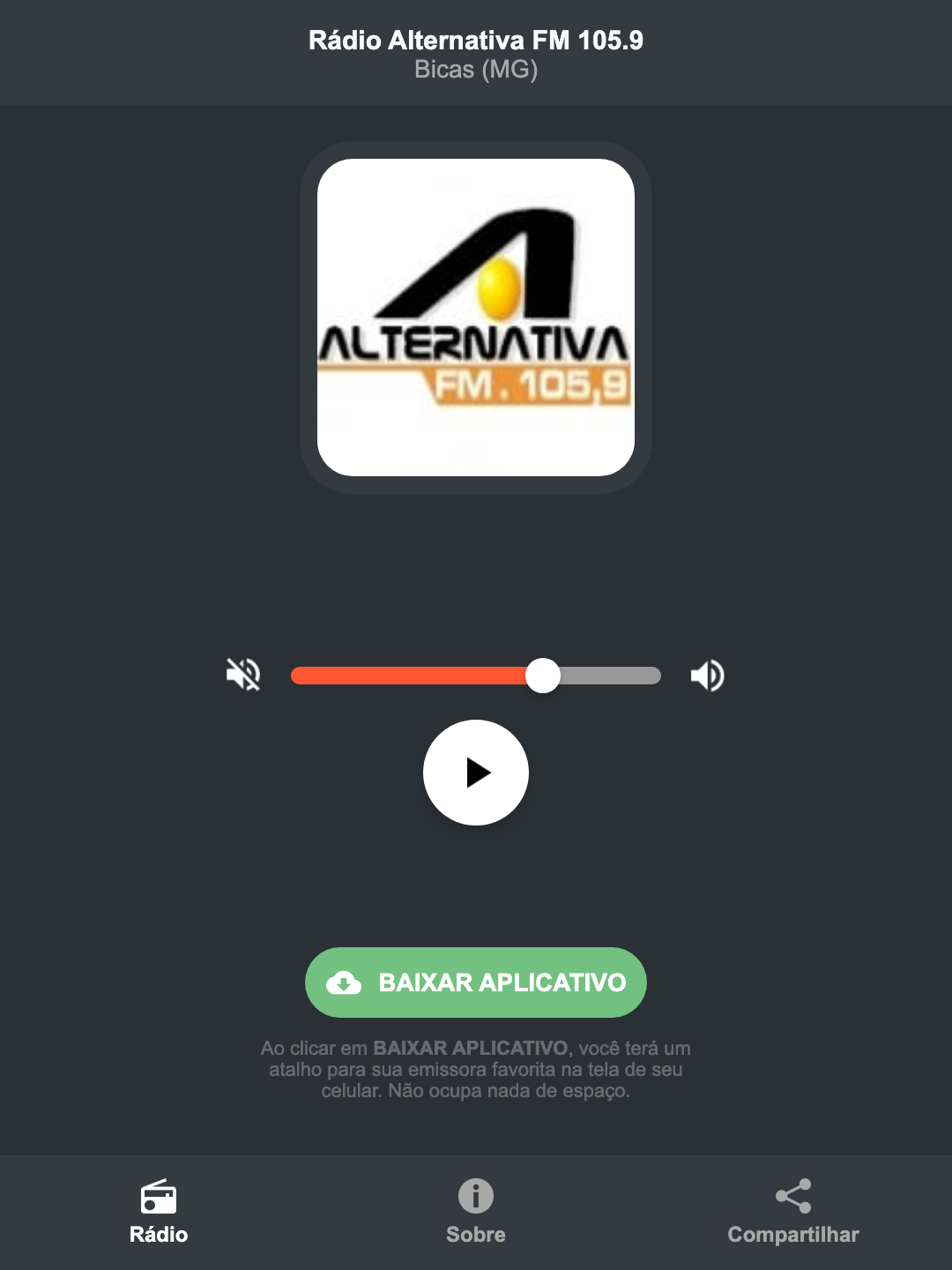 Screenshot do aplicativo da Rádio Alternativa FM 105.9