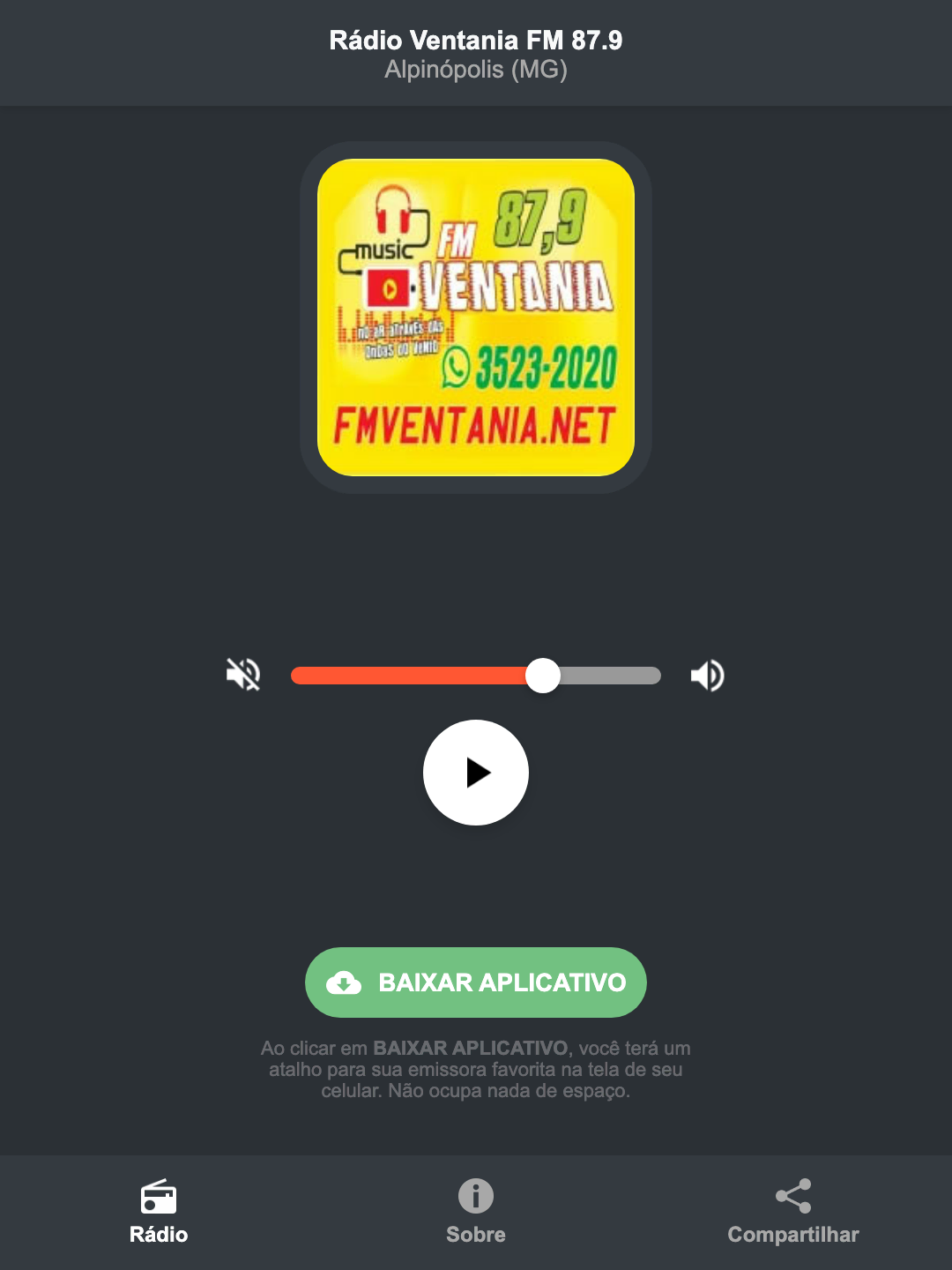 Screenshot do aplicativo da Rádio Ventania FM 87.9