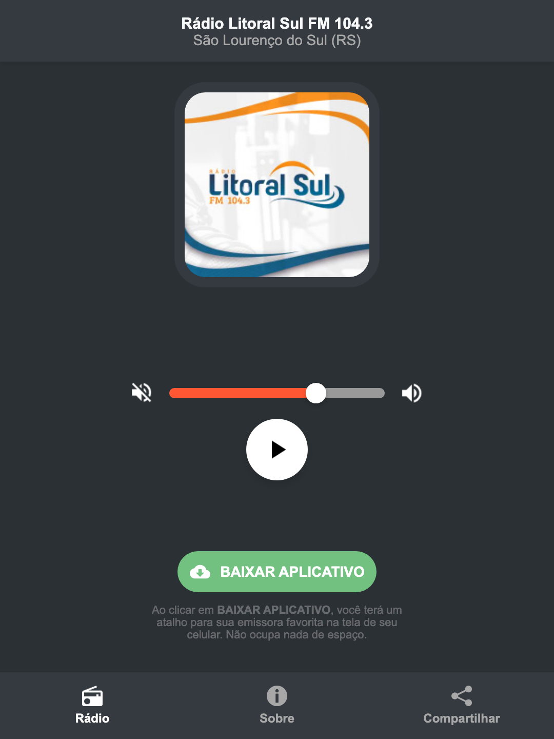 Screenshot do aplicativo da Rádio Litoral Sul FM 104.3