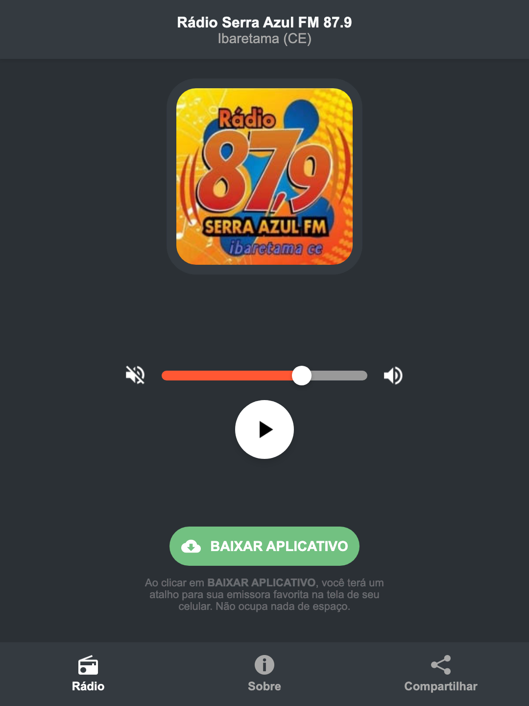 Screenshot do aplicativo da Rádio Serra Azul FM 87.9