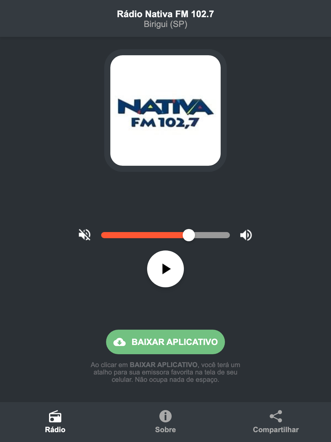 Screenshot do aplicativo da Rádio Nativa FM 102.7