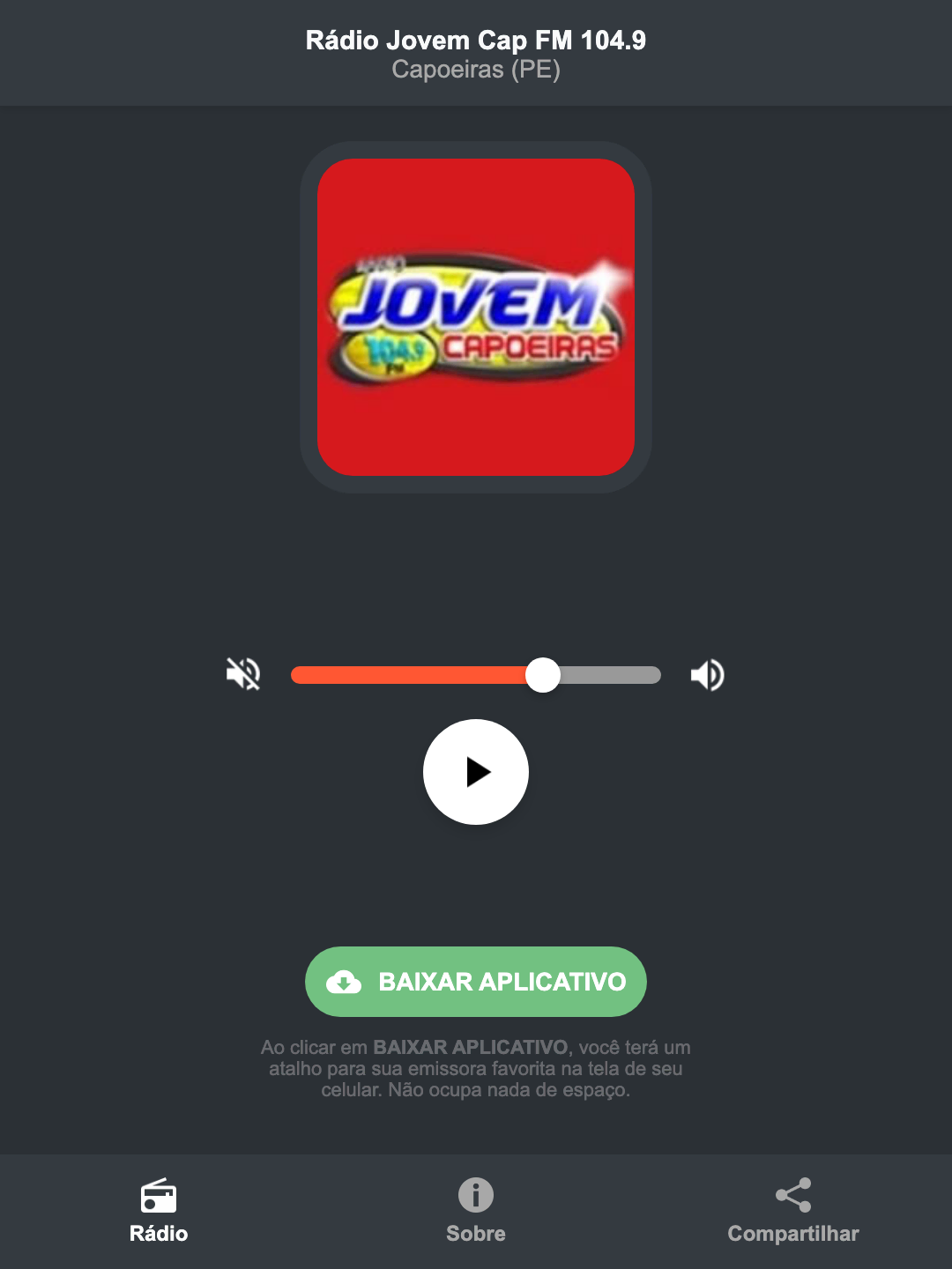 Screenshot do aplicativo da Rádio Jovem Cap FM 104.9