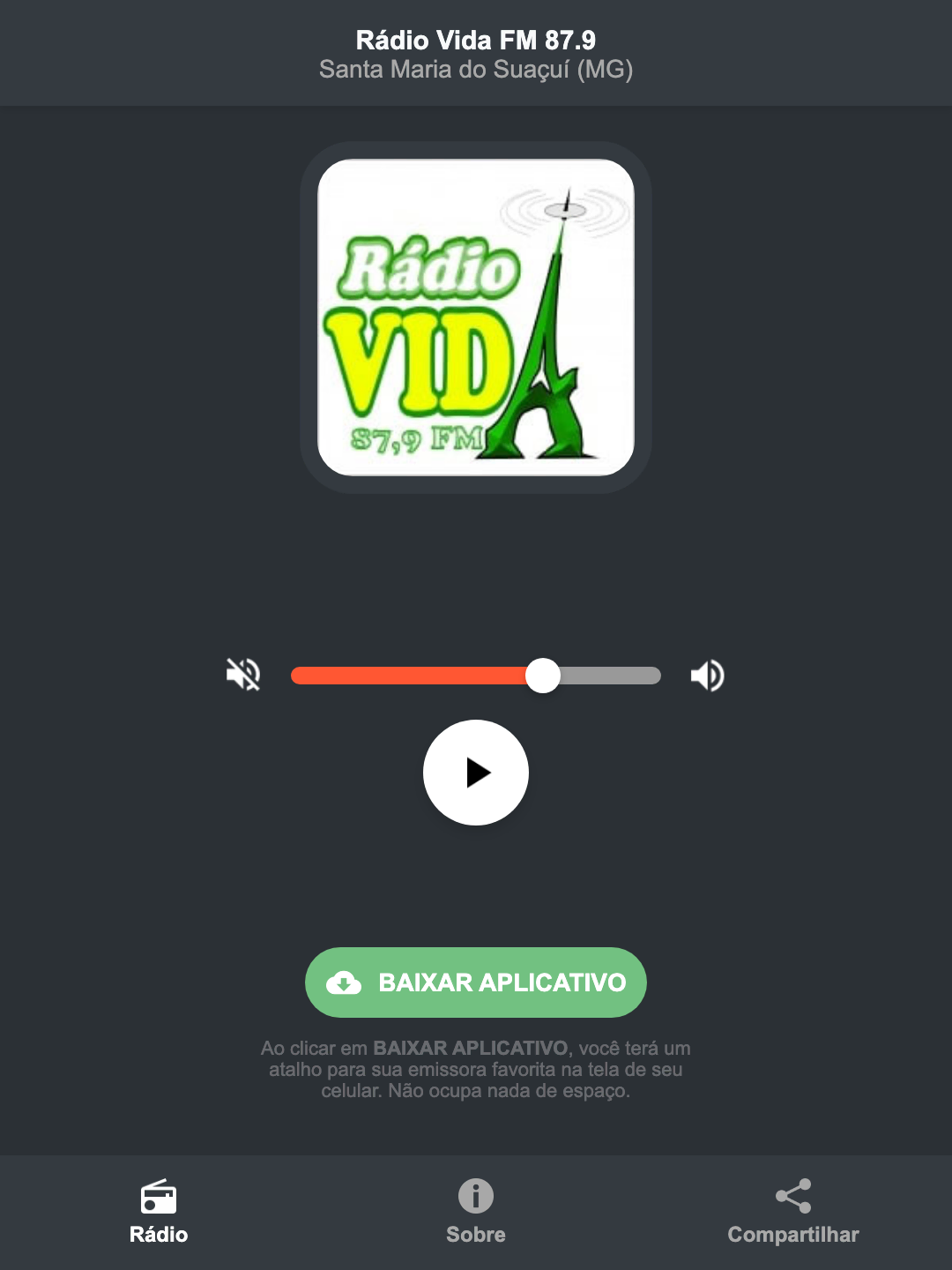 Screenshot do aplicativo da Rádio Vida FM 87.9