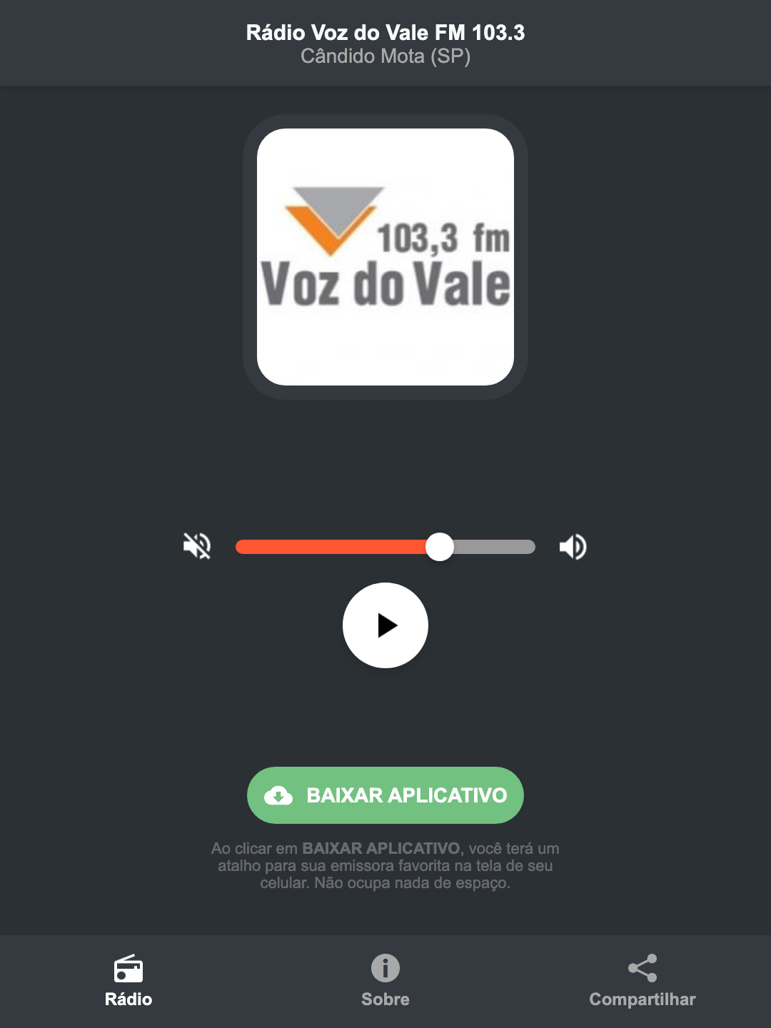 Screenshot do aplicativo da Rádio Voz do Vale FM 103.3