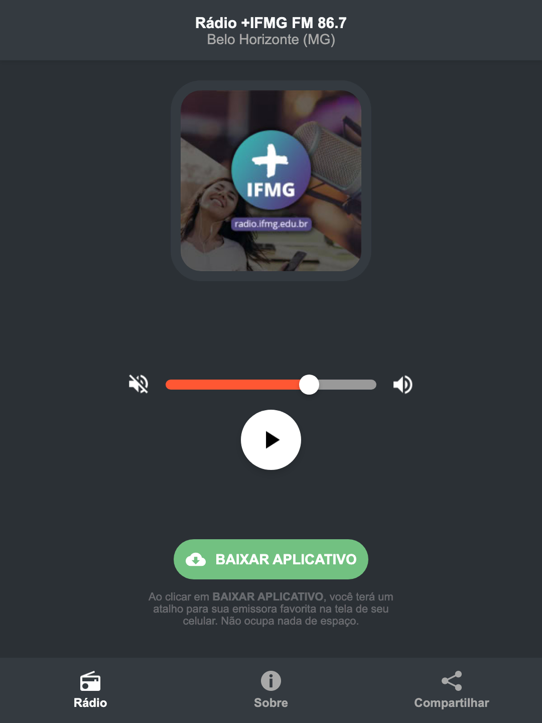 Screenshot do aplicativo da Rádio +IFMG FM 86.7