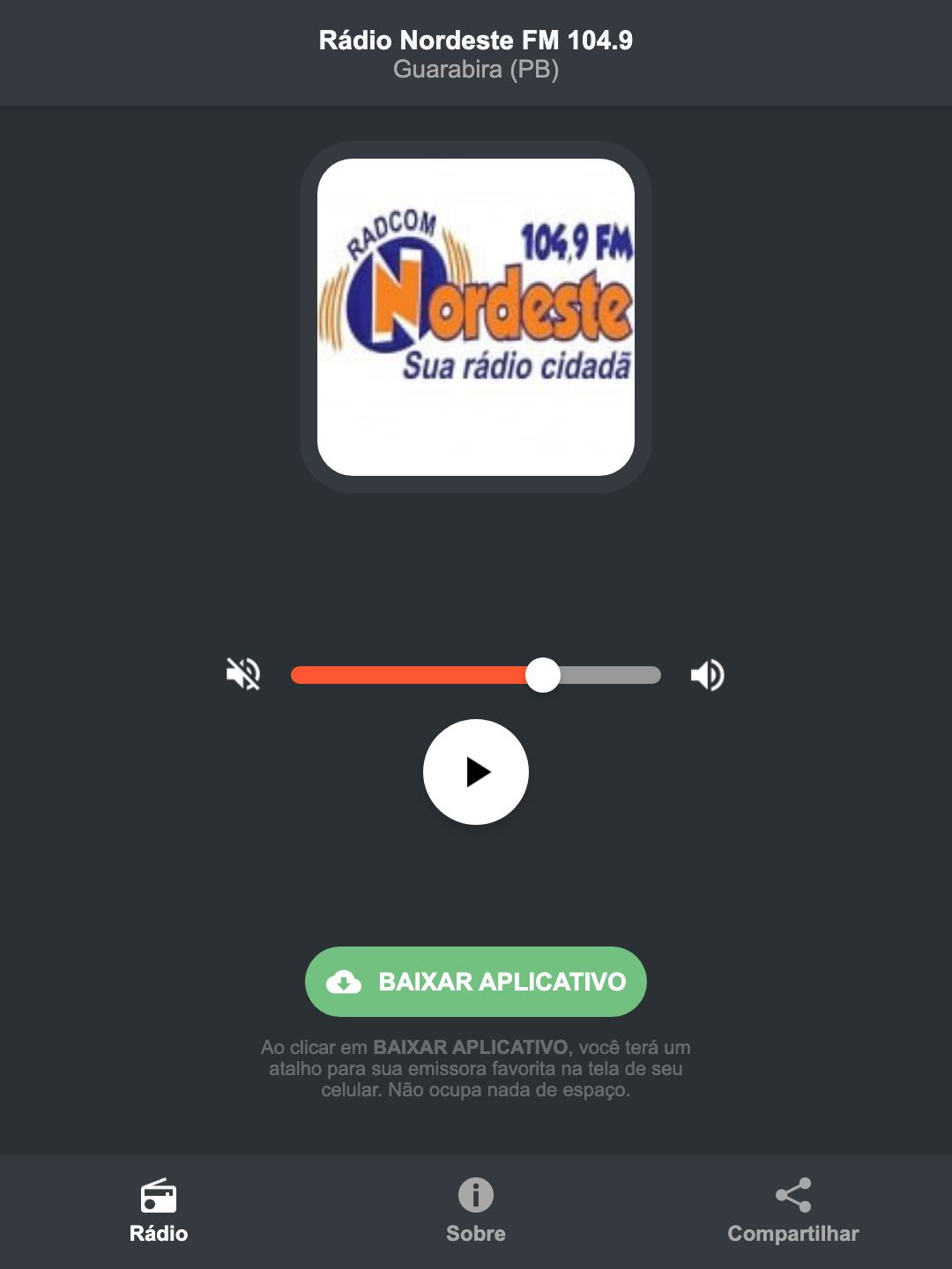 Screenshot do aplicativo da Rádio Nordeste FM 104.9