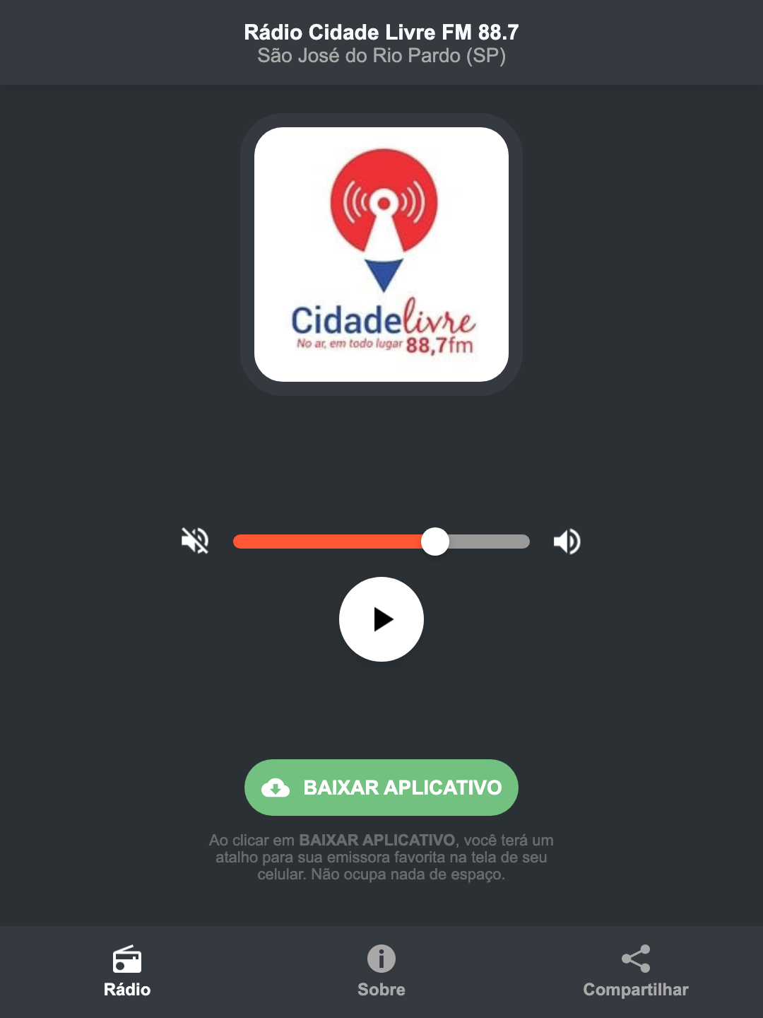 Screenshot do aplicativo da Rádio Cidade Livre FM 88.7