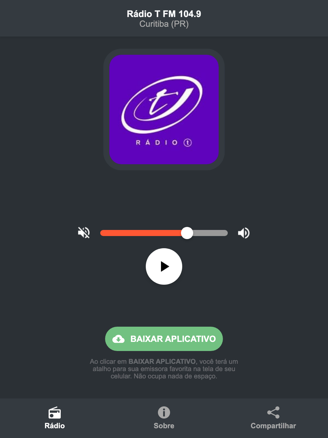 Screenshot do aplicativo da Rádio T FM 104.9