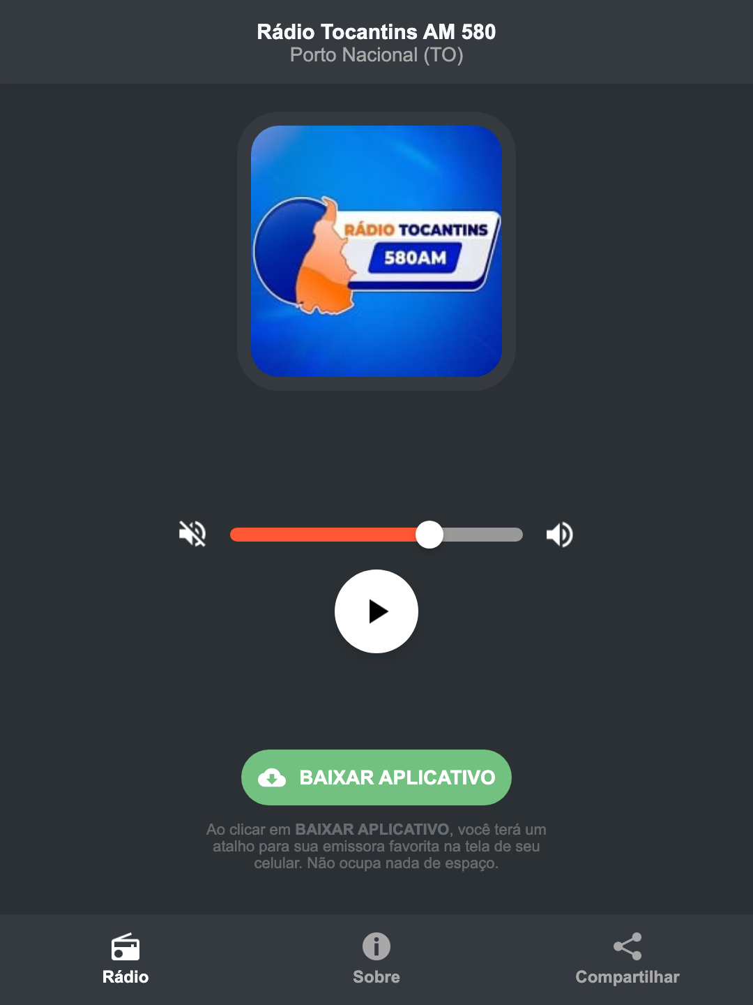 Screenshot do aplicativo da Rádio Tocantins AM 580