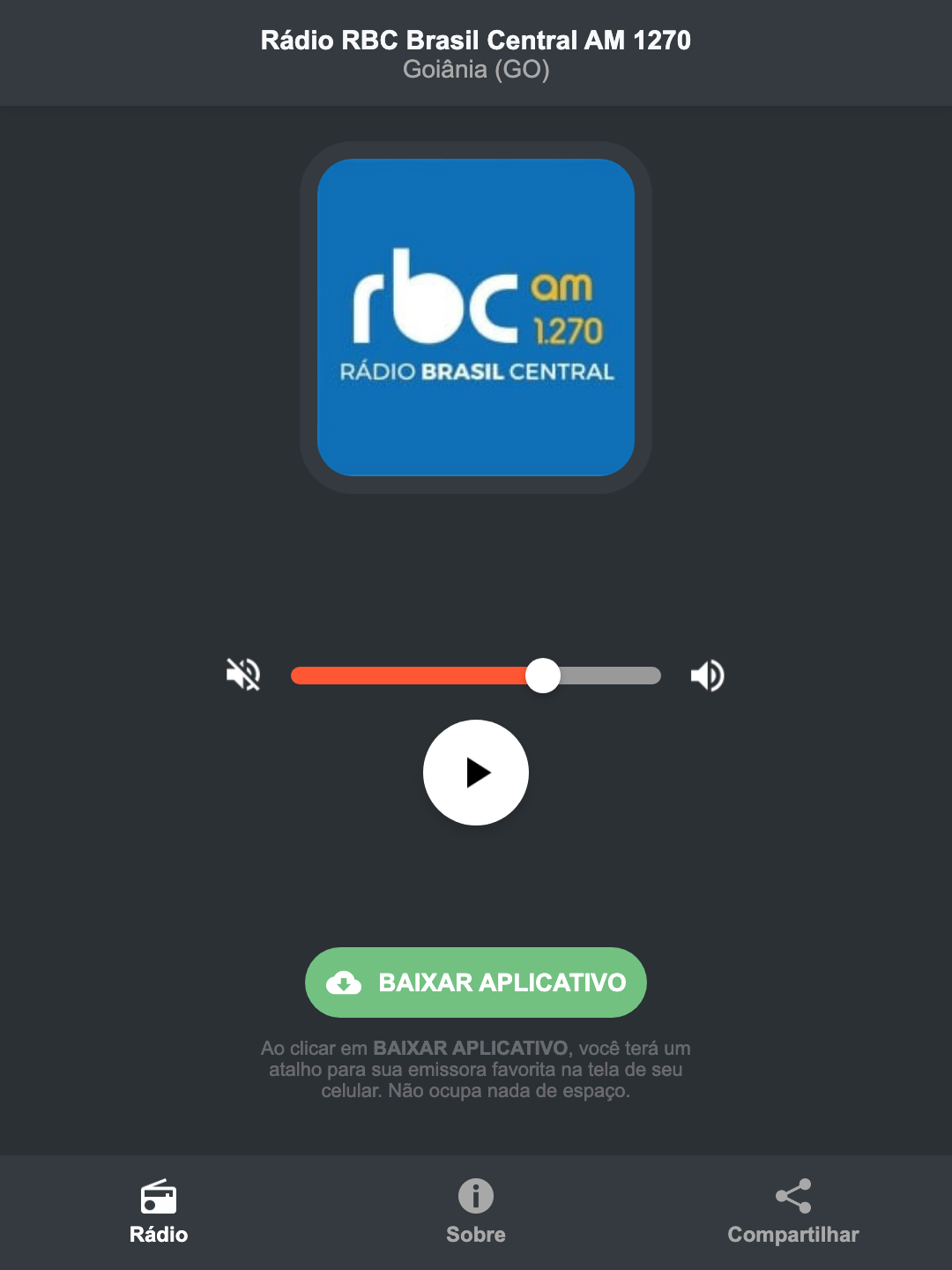 Screenshot do aplicativo da Rádio RBC Brasil Central AM 1270