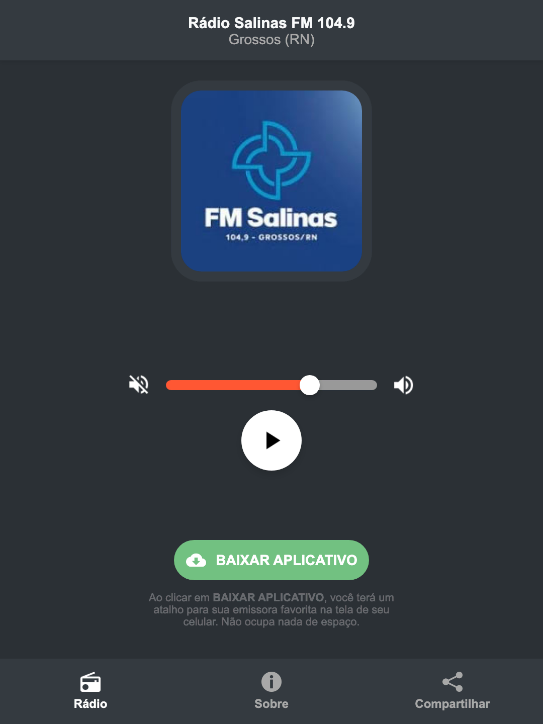 Screenshot do aplicativo da Rádio Salinas FM 104.9