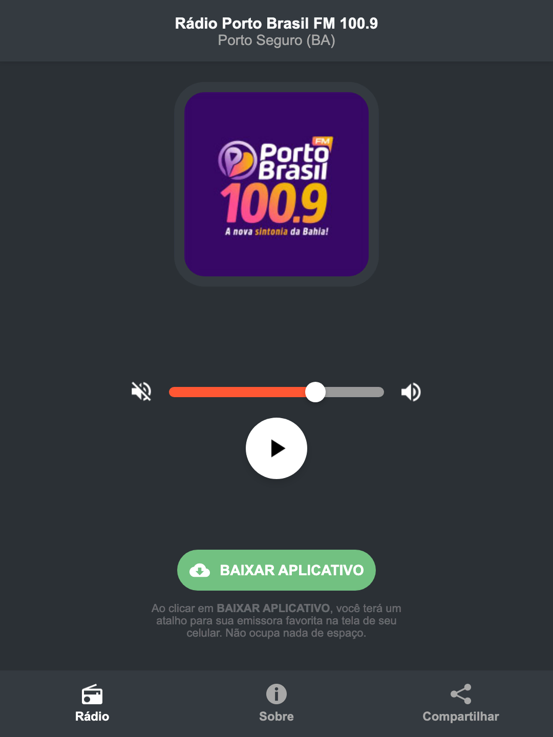 Screenshot do aplicativo da Rádio Porto Brasil FM 100.9
