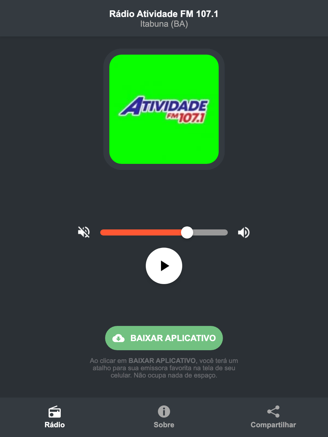 Screenshot do aplicativo da Rádio Atividade FM 107.1