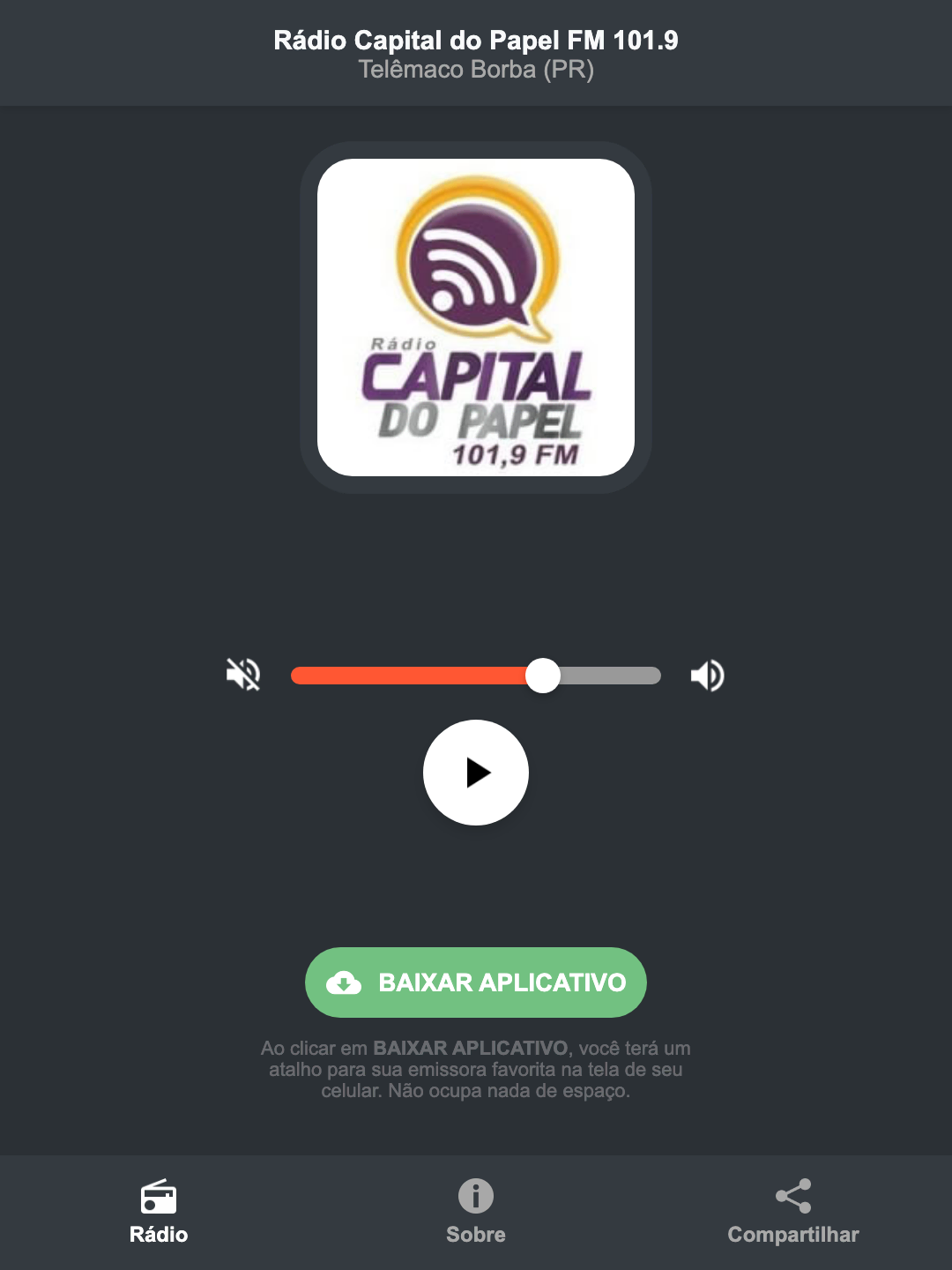 Screenshot do aplicativo da Rádio Capital do Papel FM 101.9