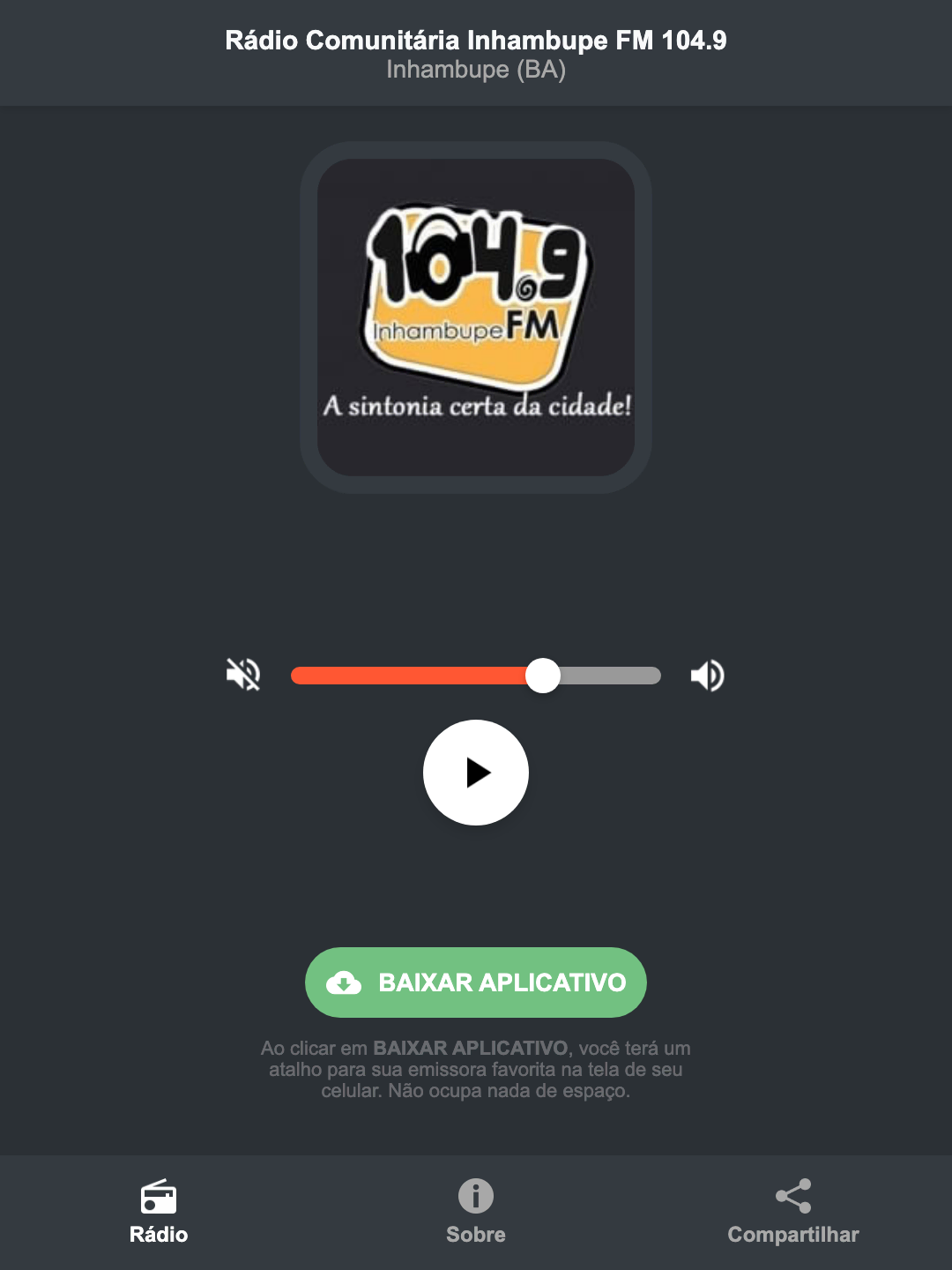 Screenshot do aplicativo da Rádio Comunitária Inhambupe FM 104.9