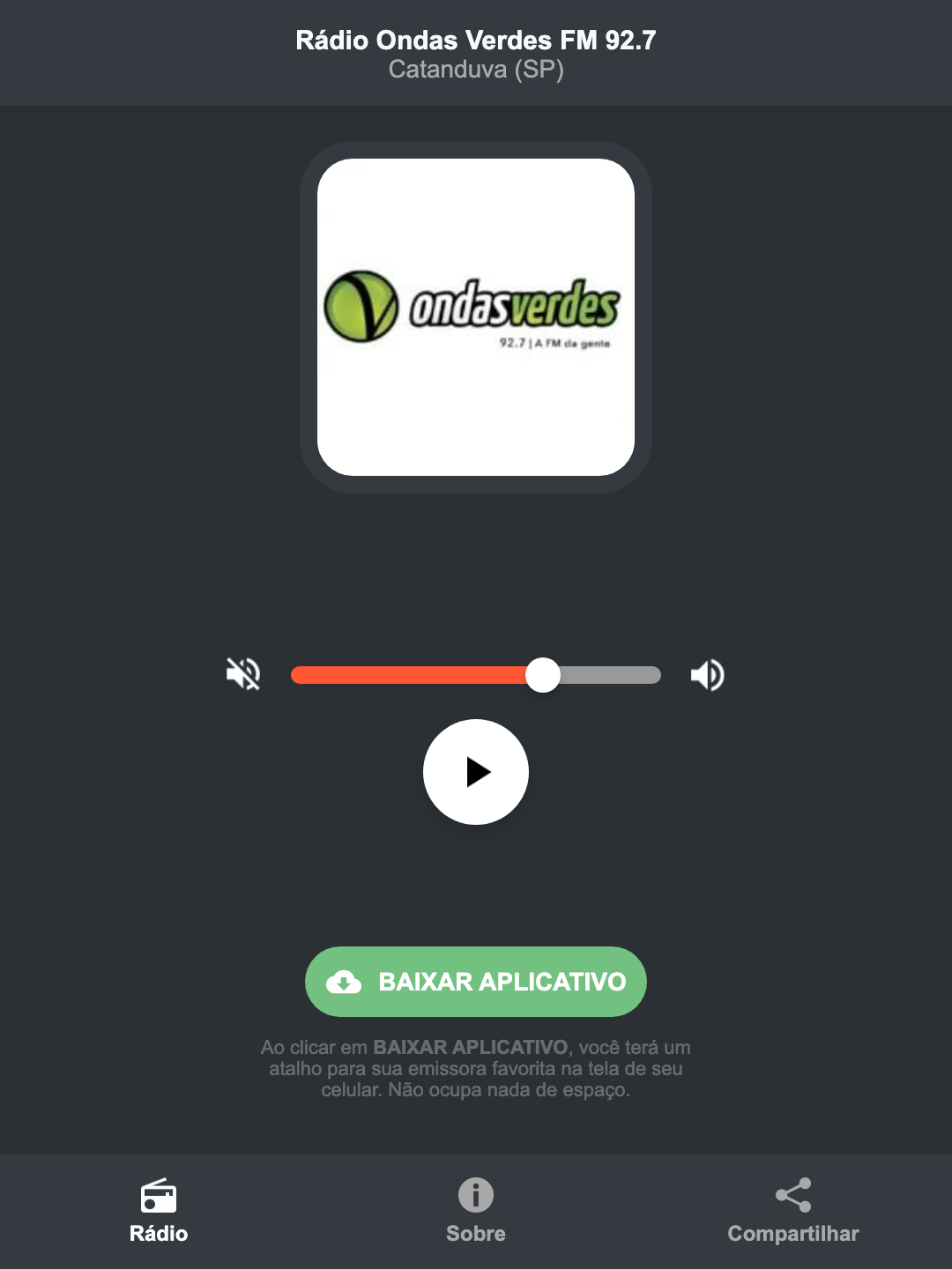 Screenshot do aplicativo da Rádio Ondas Verdes FM 92.7