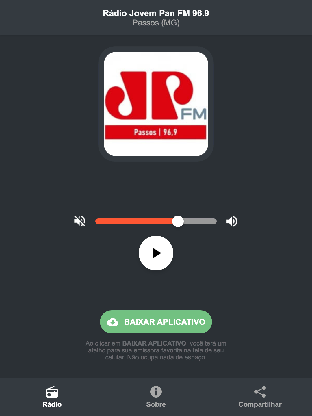 Screenshot do aplicativo da Rádio Jovem Pan FM 96.9